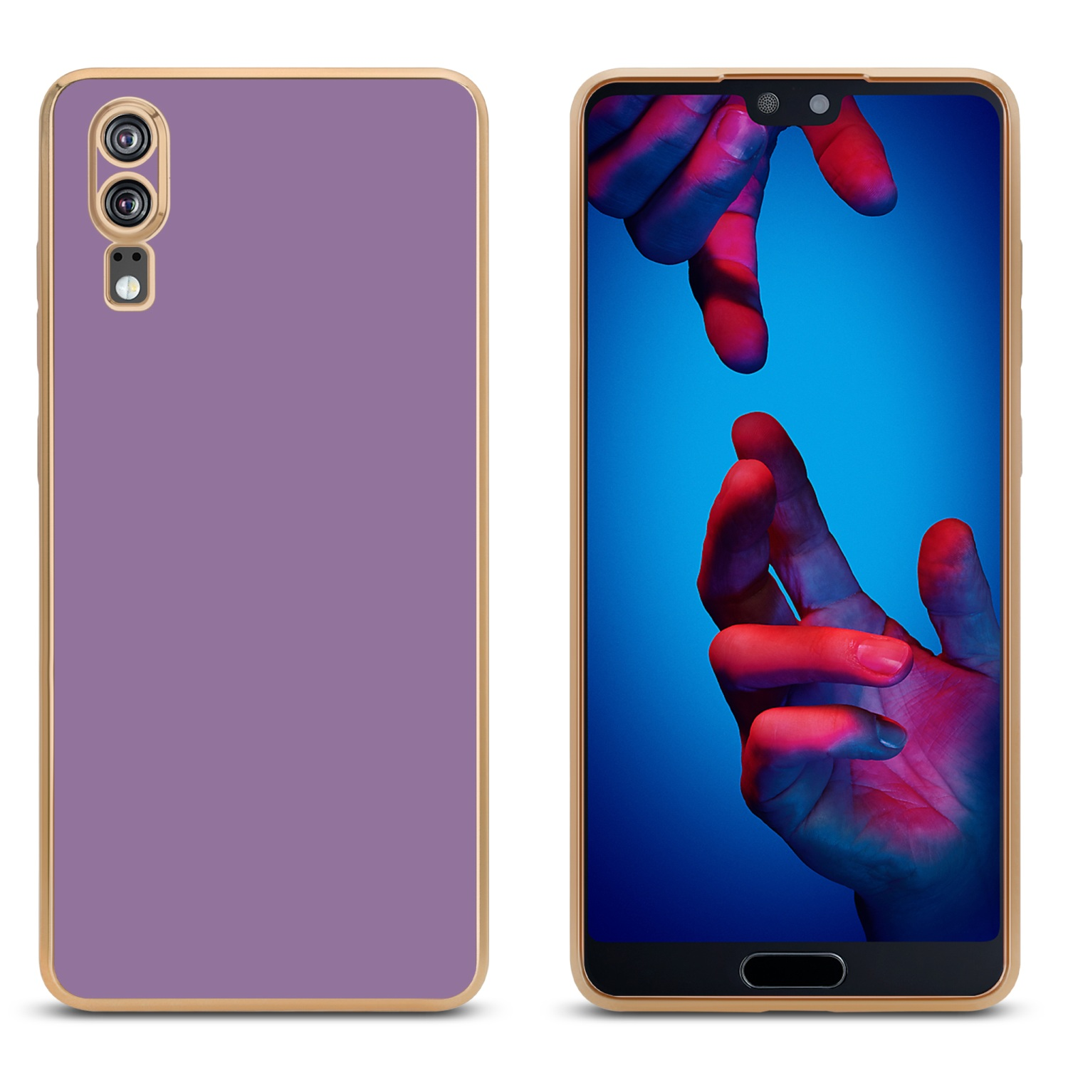 Handyhüllen in Gold und Lila, die einen Telefonbildschirm mit ausgestreckten Händen vor weißem Hintergrund zeigen.