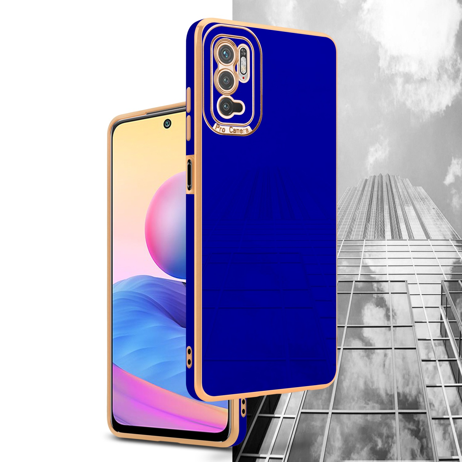 Blaue und goldene Handyhülle neben einem Telefon mit Gebäude im Hintergrund.