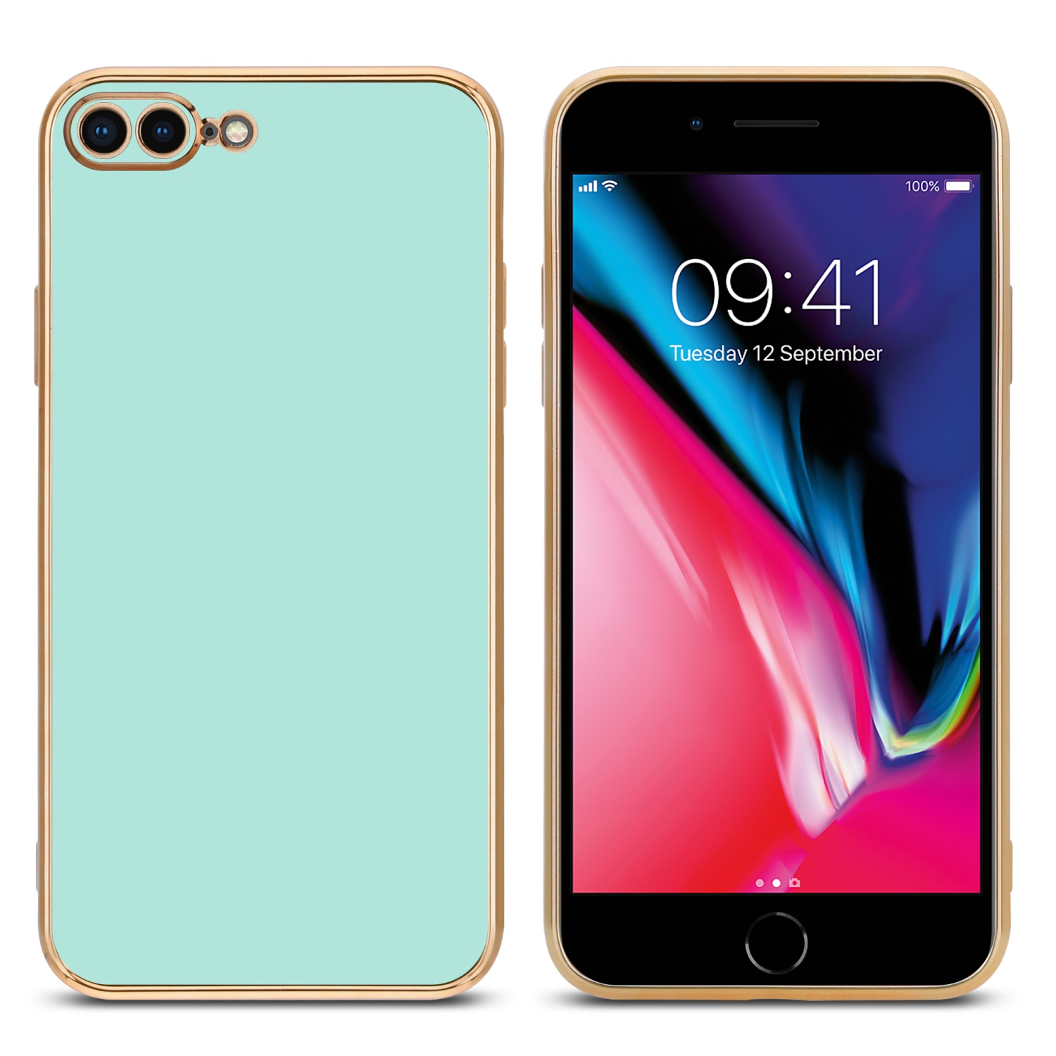 Zwei Telefone, eines mit mintgrüner Hülle und Goldrand, das andere mit eingeschaltetem Bildschirm.