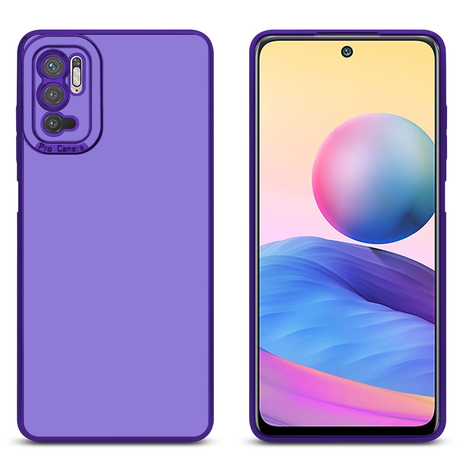 Lila Handyhülle neben einem Telefon mit farbenfrohem Hintergrund.