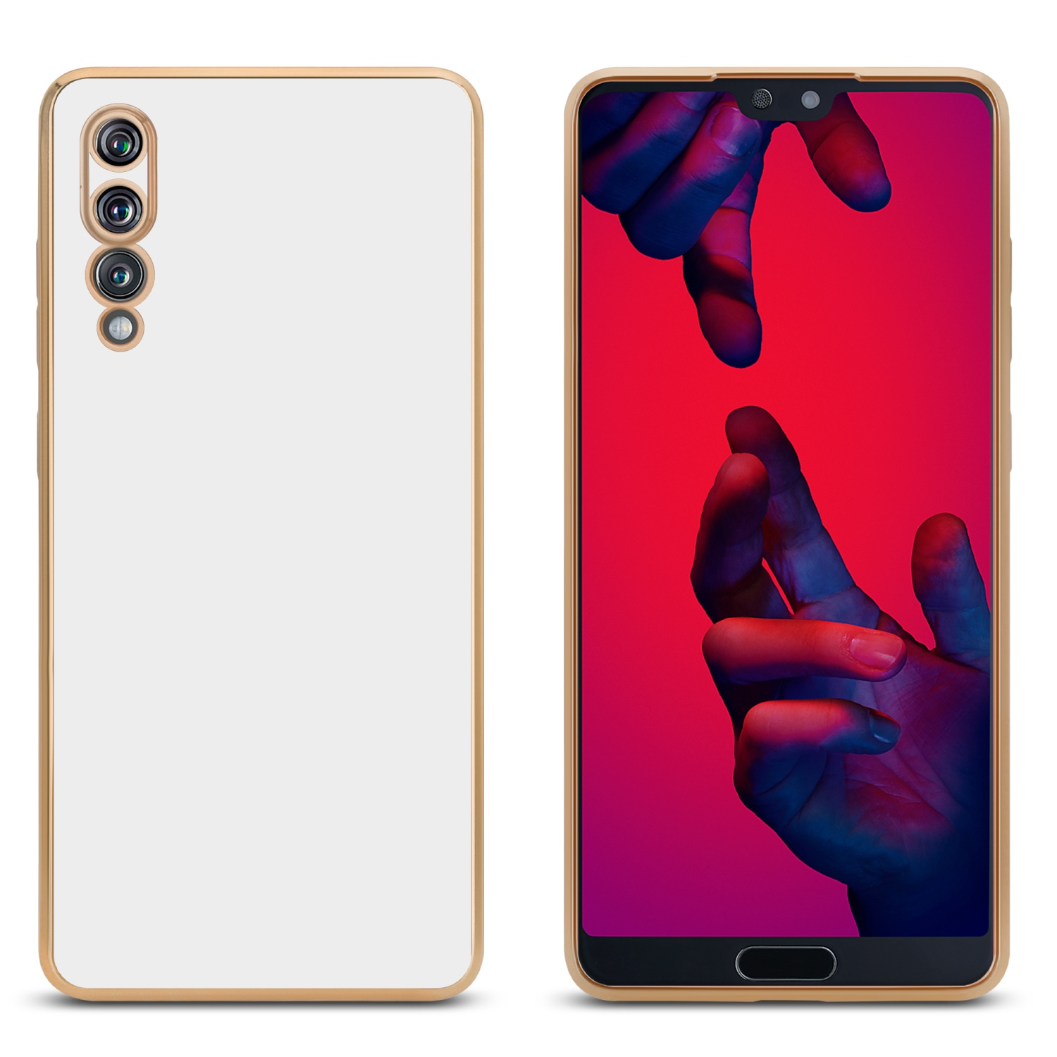 Handyhülle und Telefon. Der Hintergrund zeigt zwei Hände.