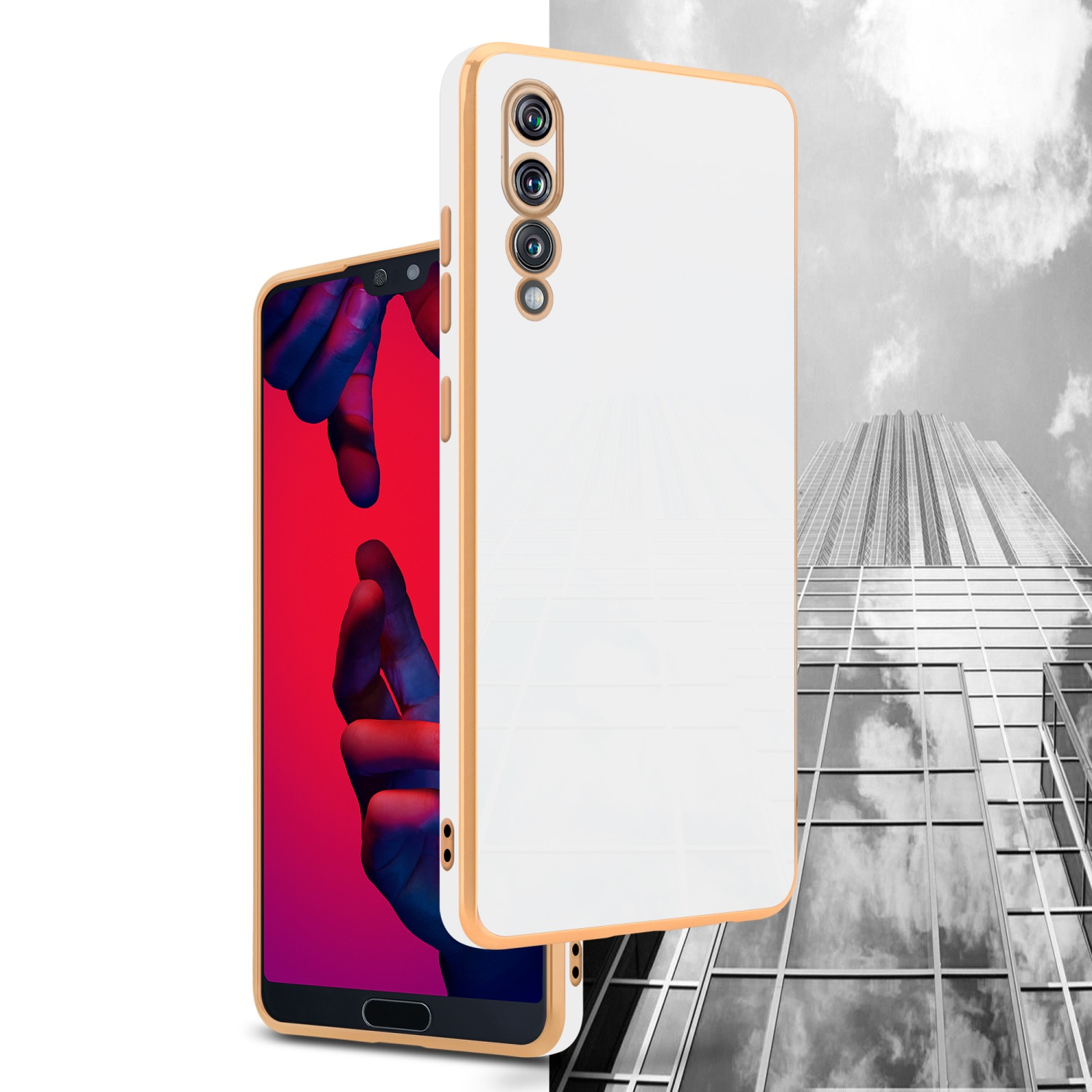 Ein Telefon mit goldfarbenem Gehäuse und einem Gebäude im Hintergrund. Das Telefon hat einen schwarzen Bildschirm.