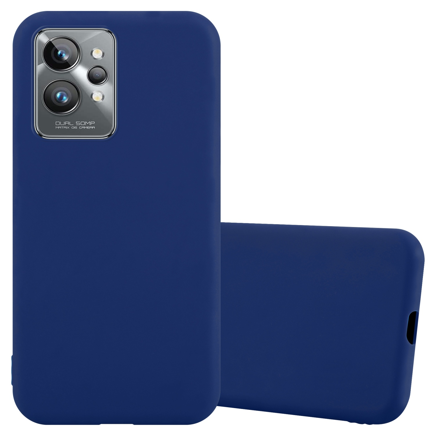 Blaue Handyhülle. Telefon ist in der Hülle. Kameramodul sichtbar. Weißer Hintergrund.