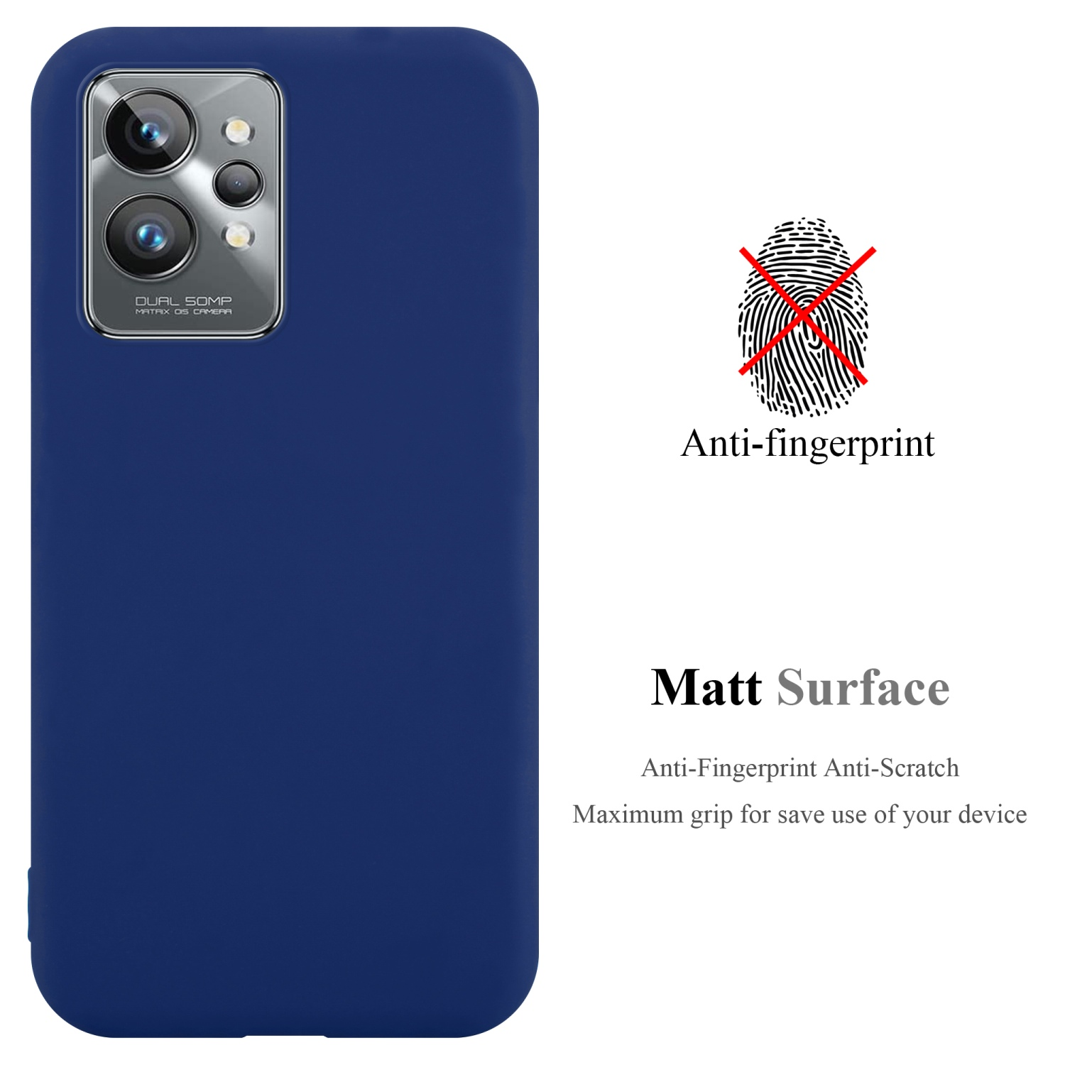 Dunkelblaues Telefon mit Dual-Objektiv-Kamera und Anti-Fingerabdruck-Text.