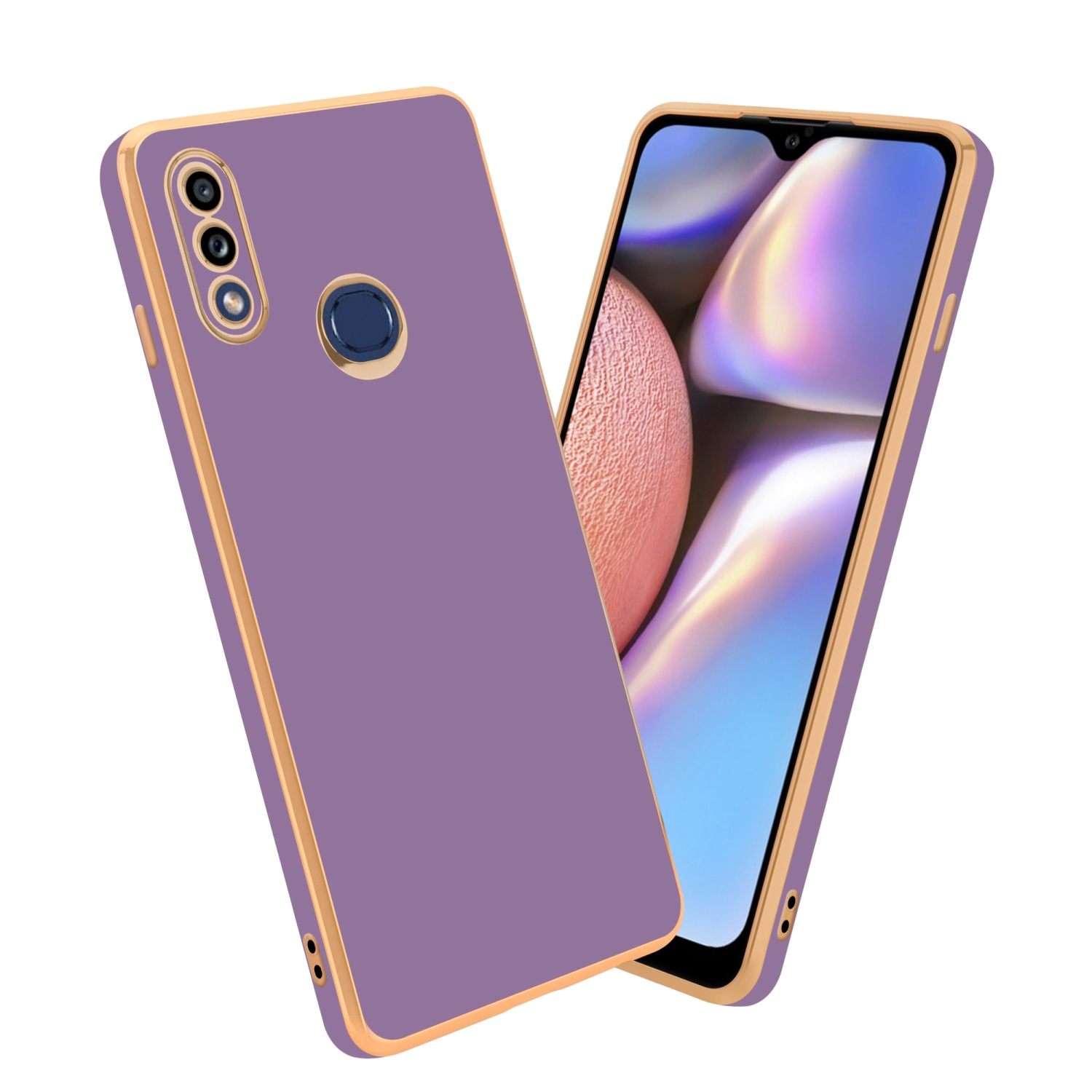 Lila-goldene Handyhülle mit Telefon, das eine orangefarbene Anzeige zeigt.