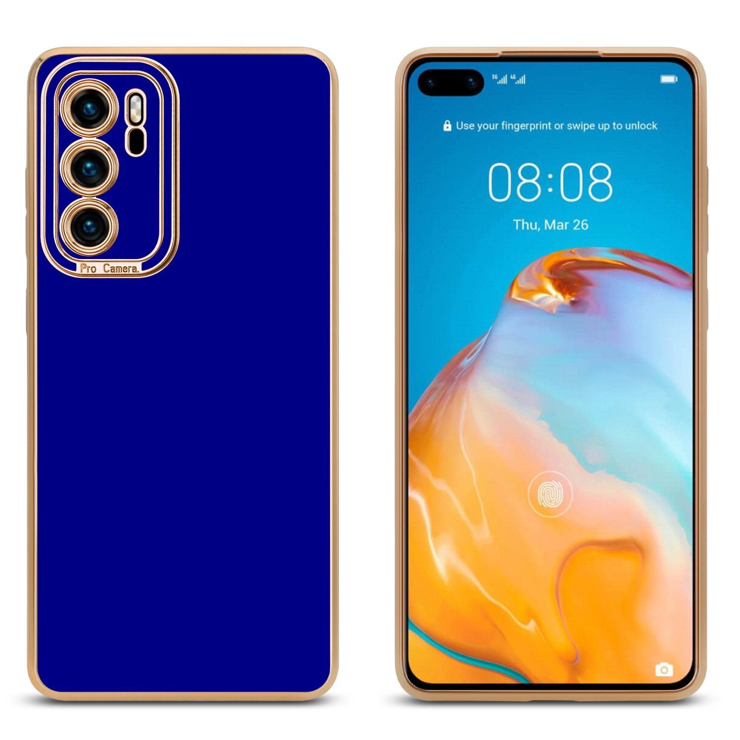 Ein Telefon mit blauem Rückcover mit Goldkante und ein Telefonbildschirm, der die Uhrzeit anzeigt, auf weißem Hintergrund.