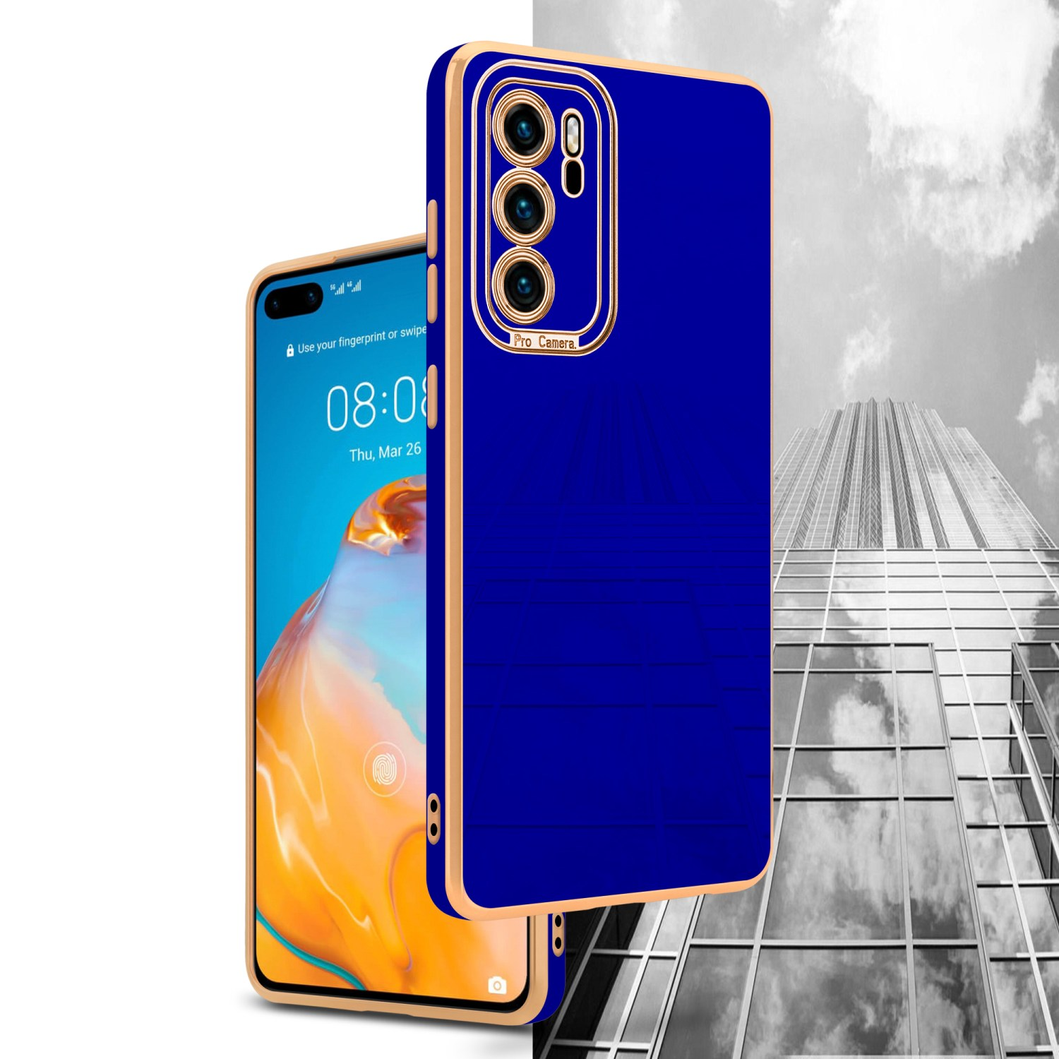 Blaue Handyhülle mit einem Telefon und einem Wolkenkratzerhintergrund. Der Telefonbildschirm ist an.