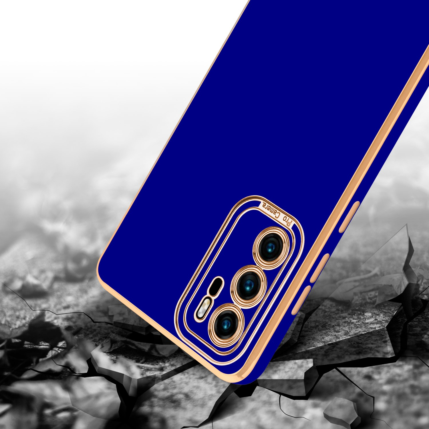 Blaue Telefonhülle, goldene Ränder, rissiger Boden.