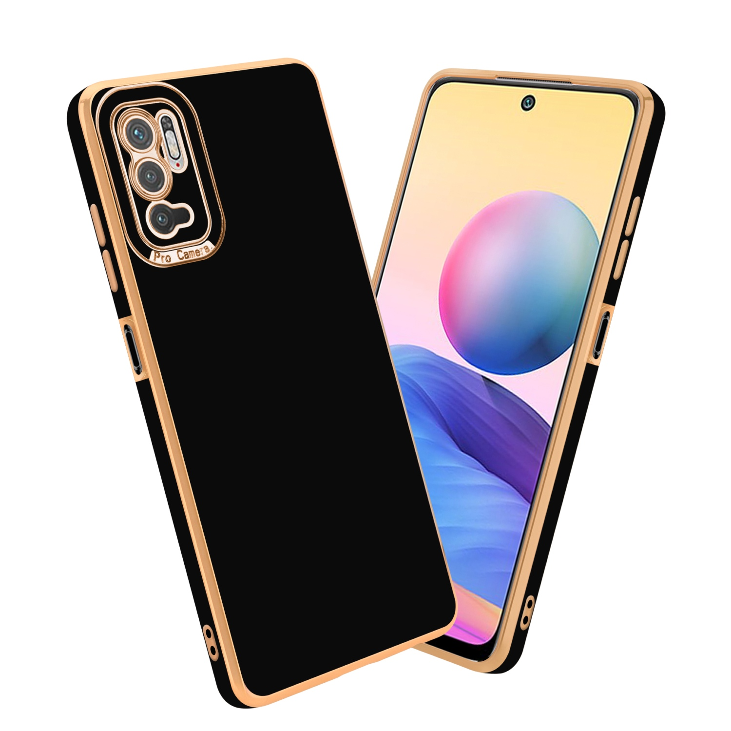 Schwarze und goldene Handyhülle mit einem Telefon, das einen bunten Hintergrund zeigt. Die Hülle hat einen Kameraausschnitt.