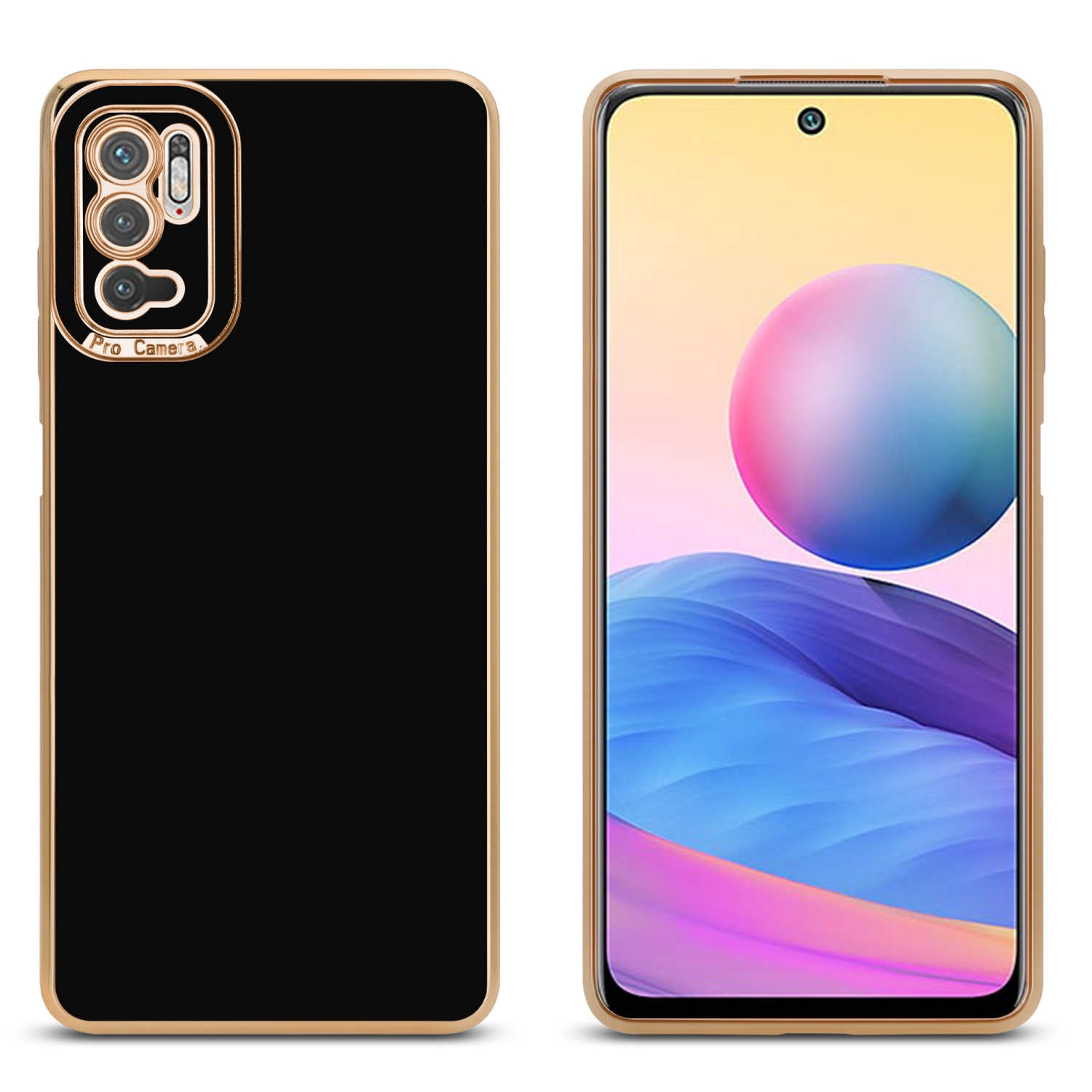 Eine schwarze Handyhülle mit goldenem Kamerarahmen und einem Telefon, das die Benutzeroberfläche zeigt.