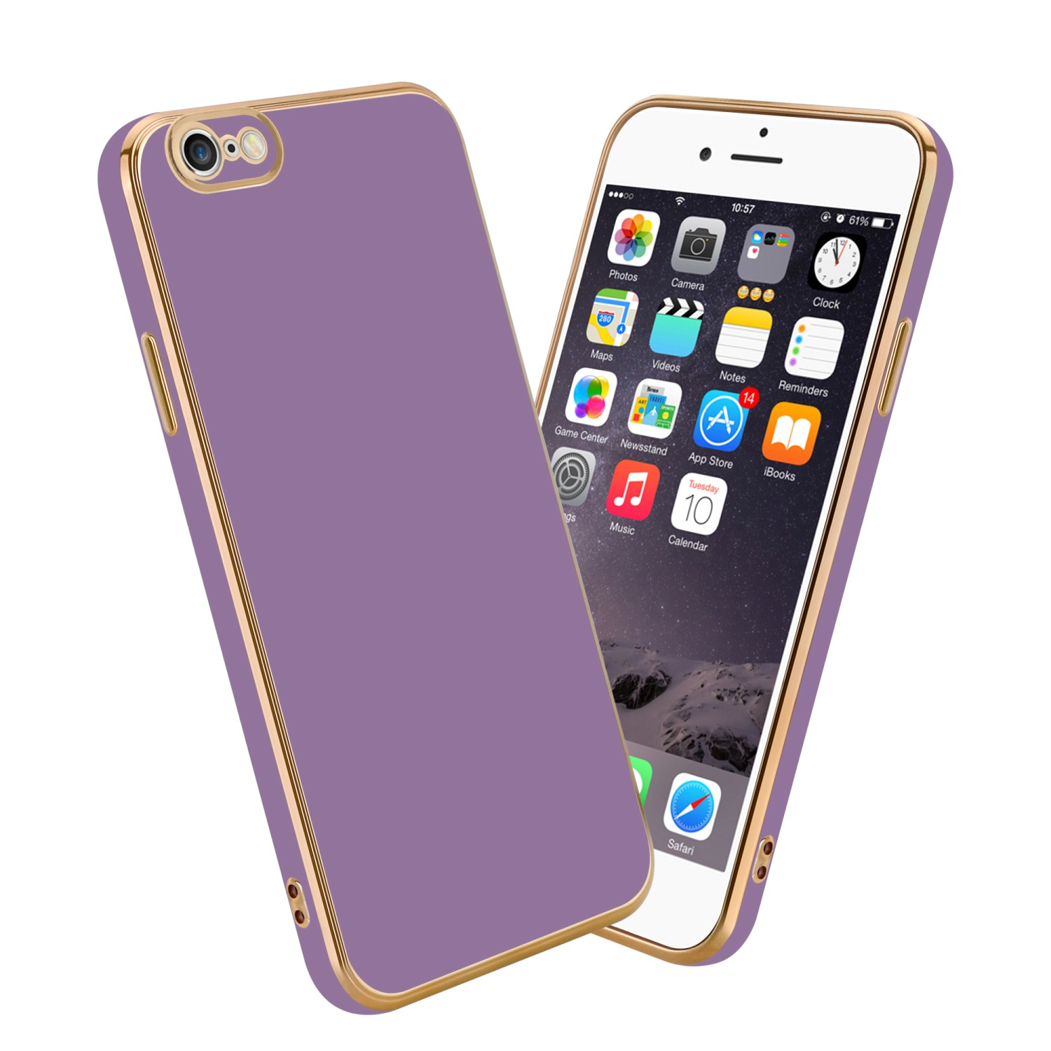 Lila Telefon mit goldenen Rändern und Hülle, mit eingeschaltetem Telefonbildschirm, mit weißem Hintergrund.