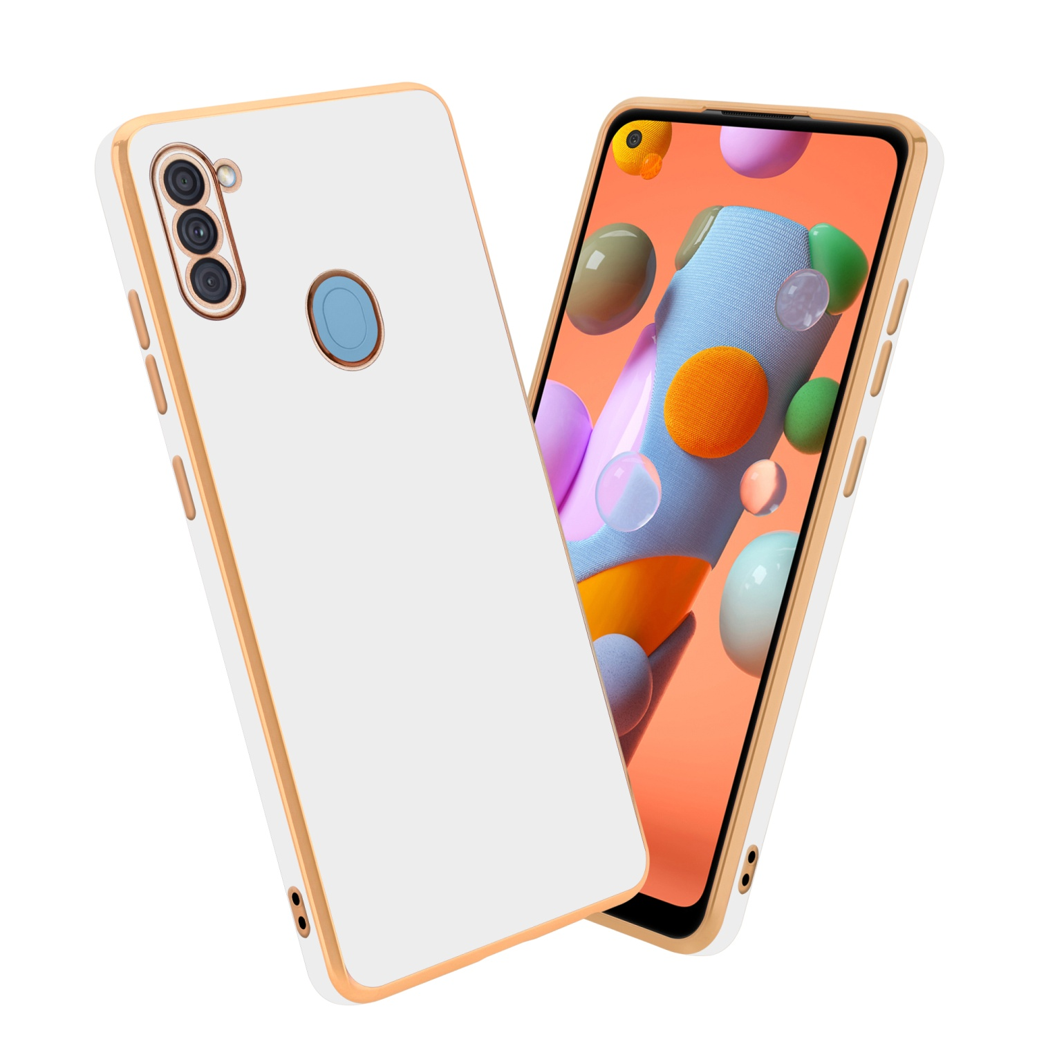 Eine weiße Handyhülle mit goldfarbenem Rand und ein Telefon mit farbenfrohem Display.