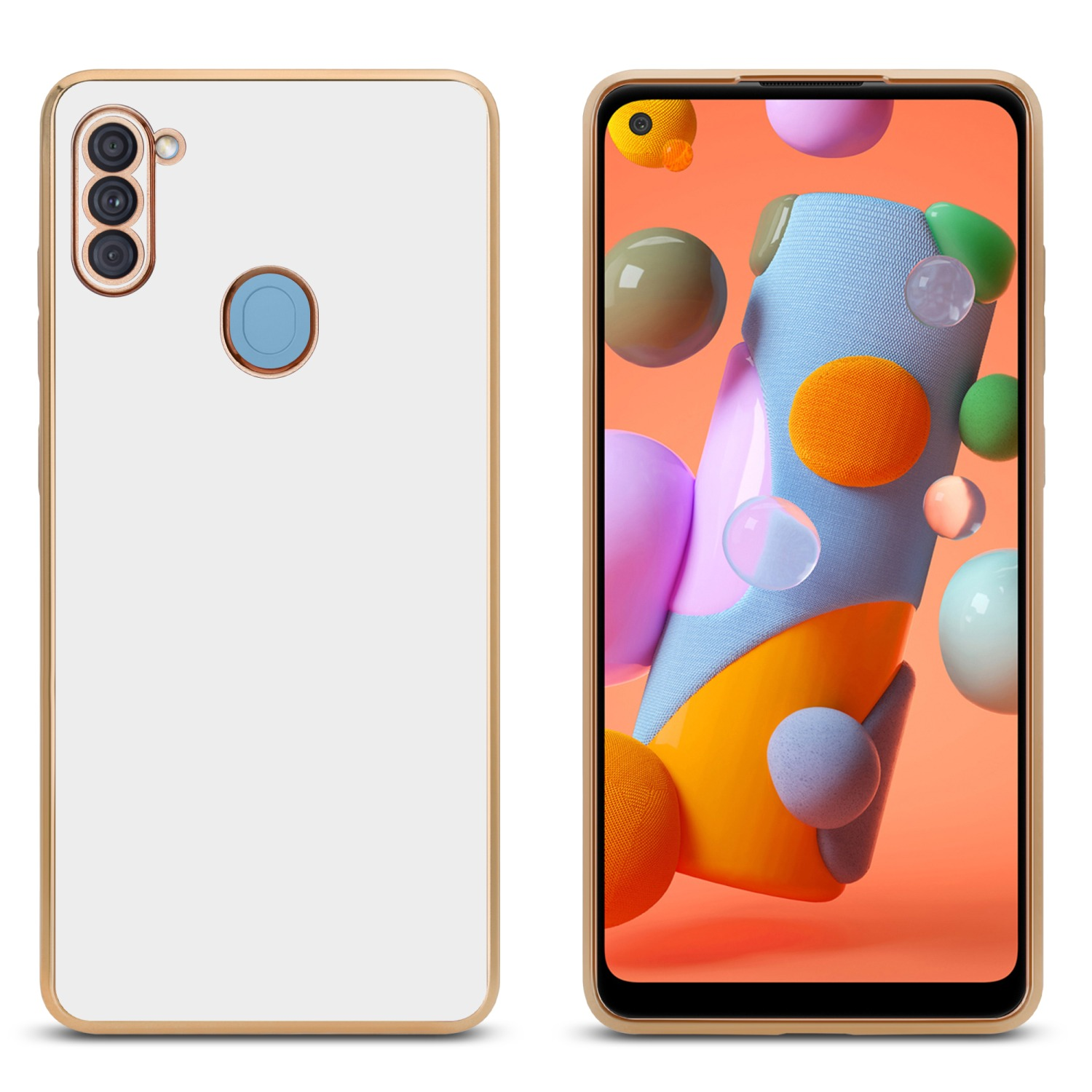 Weiße Handyhülle und Telefon mit bunten Bällen auf dem Bildschirm vor hellem orangefarbenem Hintergrund.