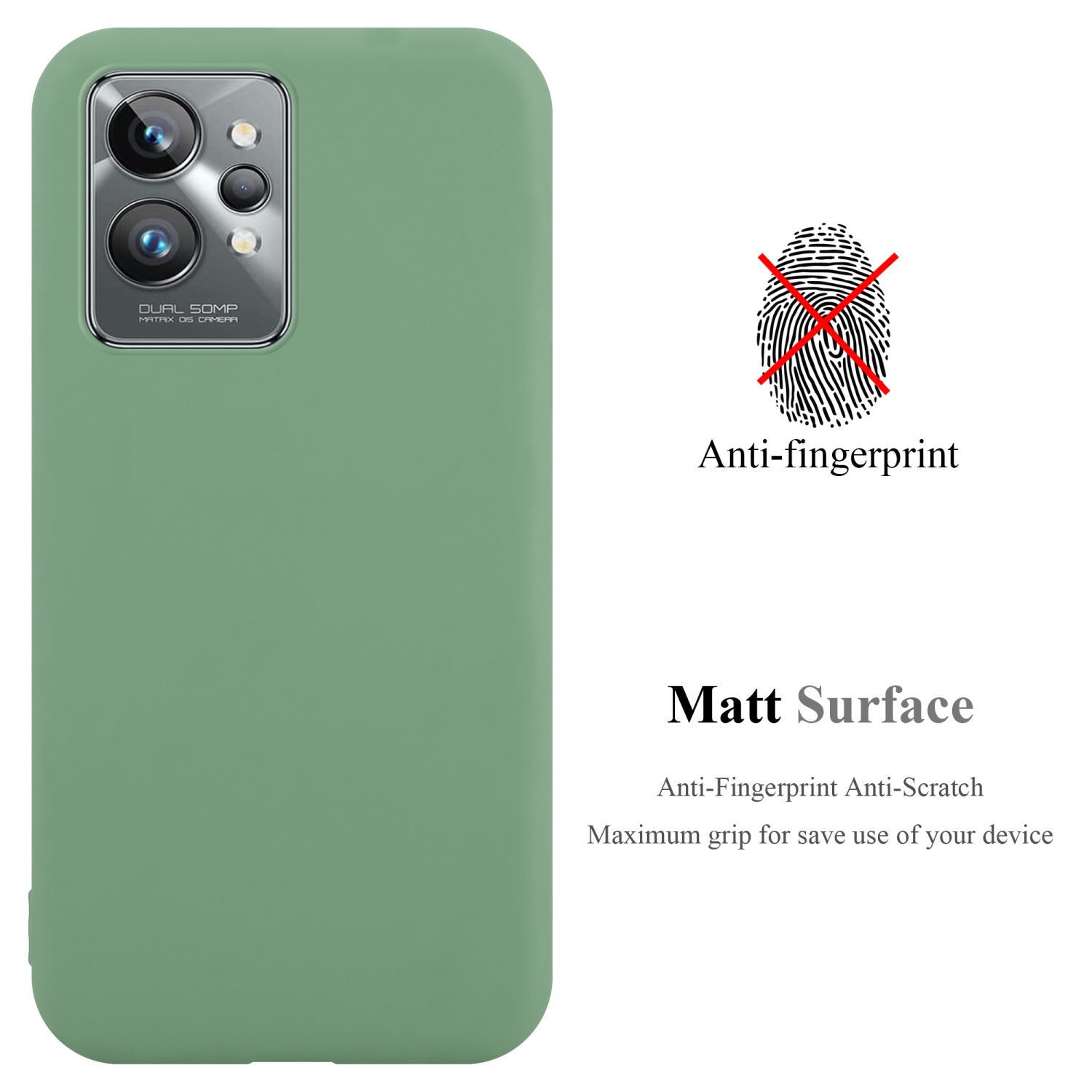 Grüne Handyhülle mit Dual-Kamera. Text: Anti-Fingerprint, Matt Surface, Anti-Kratzer, Grip.