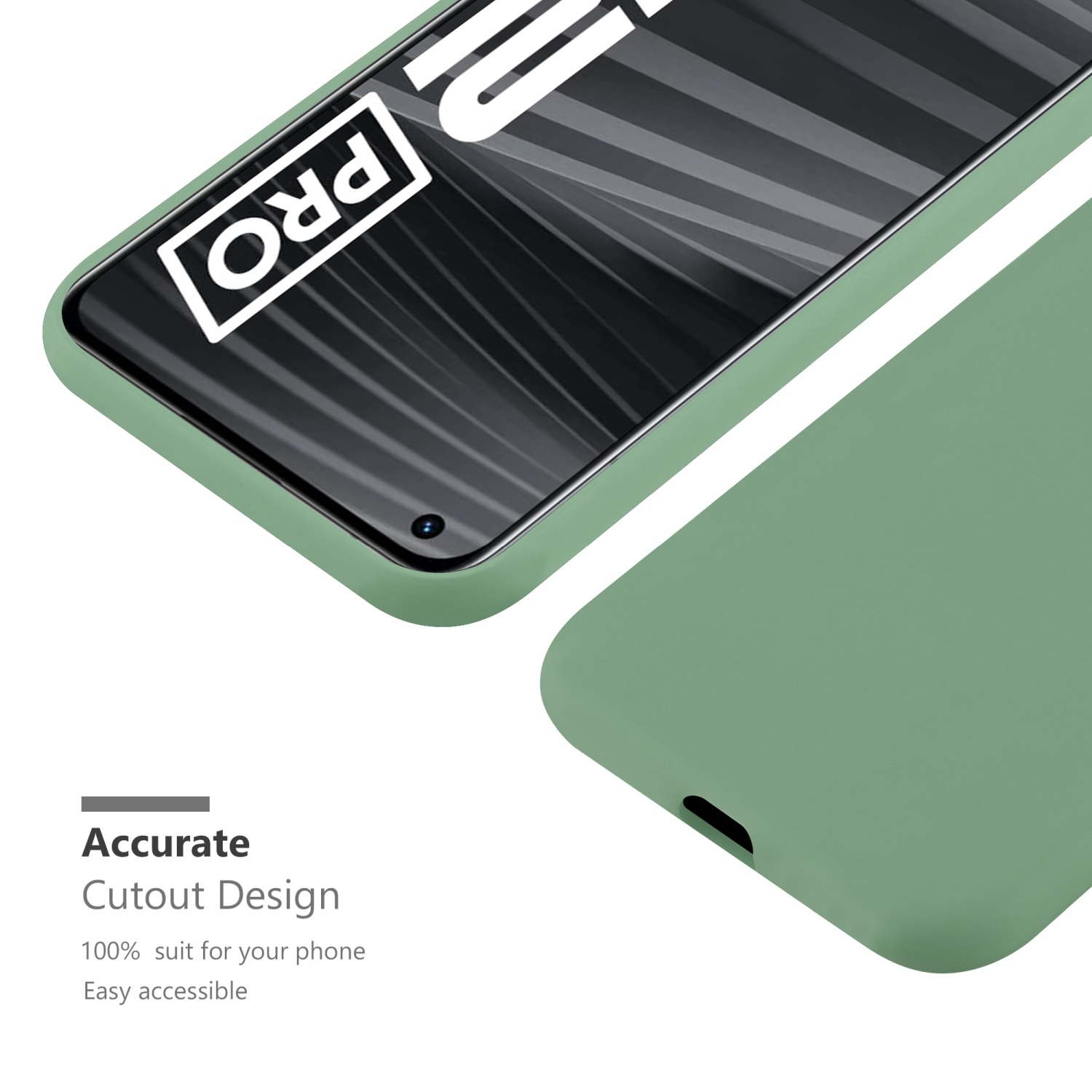 Ein grünes Telefon mit grüner Hülle. Der Bildschirm zeigt 'PRO'. Text: Accurate Cutout Design.