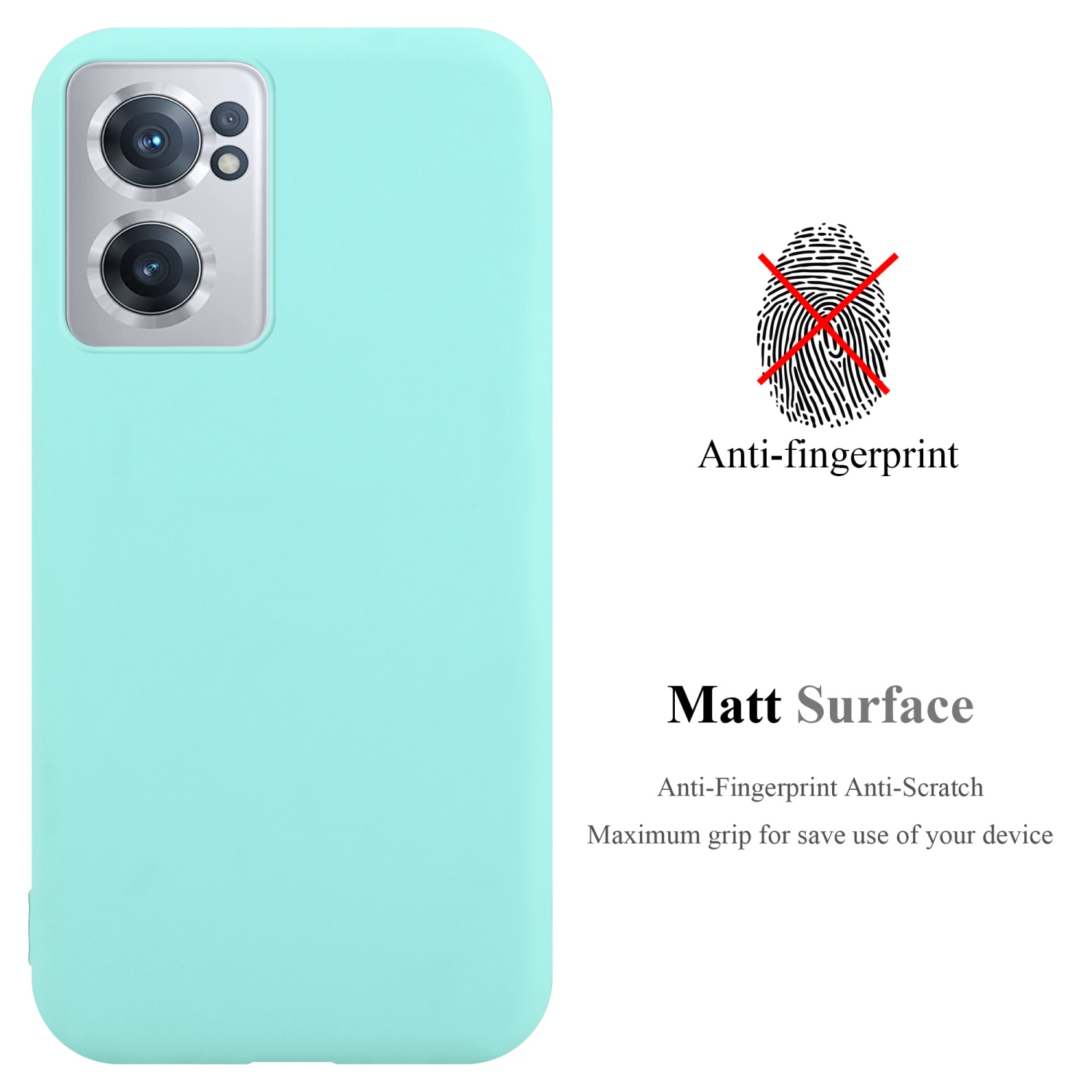 Minzfarbene Handyhülle mit Anti-Fingerabdruck-Text und Matt Surface Beschreibung.
