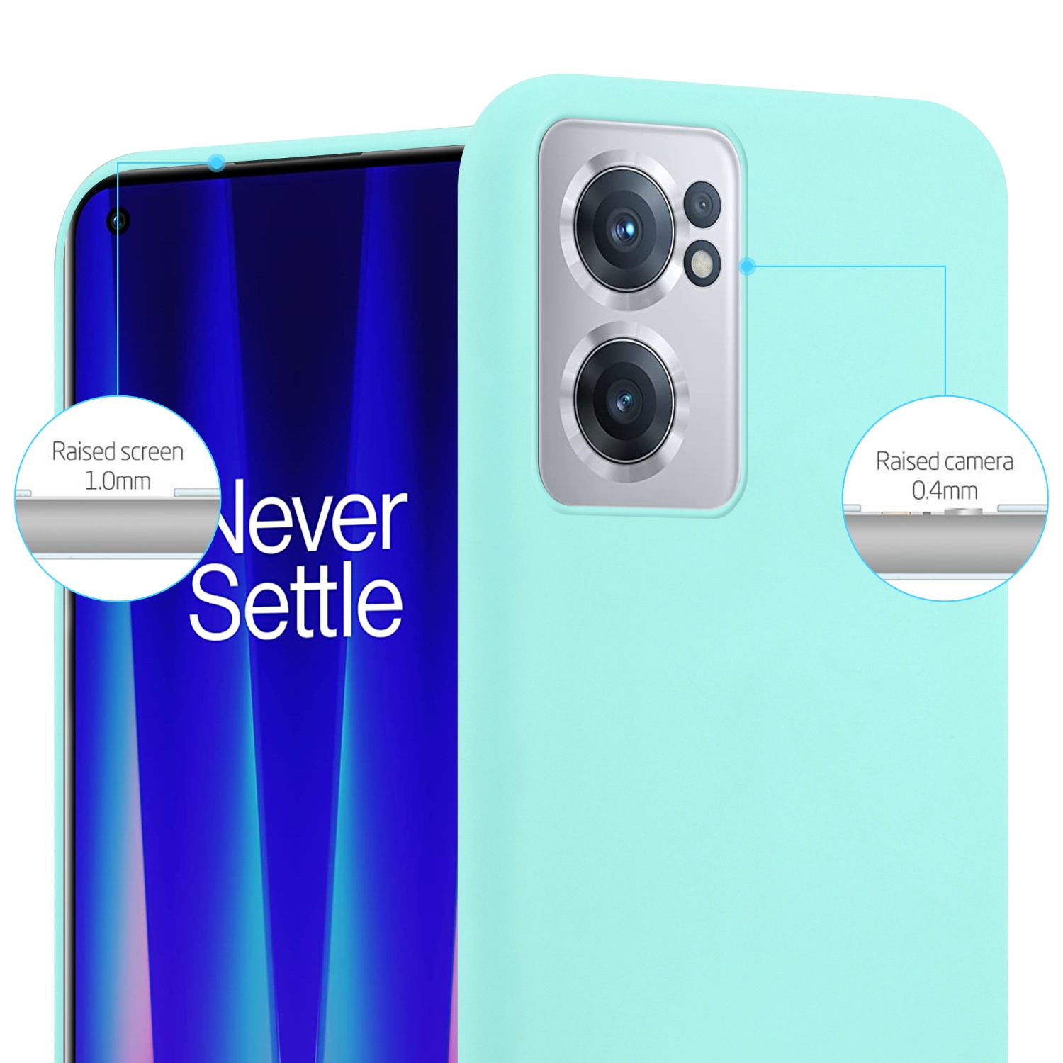 Ein mintgrünes Telefon mit Beschriftungen, die auf den erhöhten Bildschirm und die Kamera zeigen, mit Höhenangaben in mm.