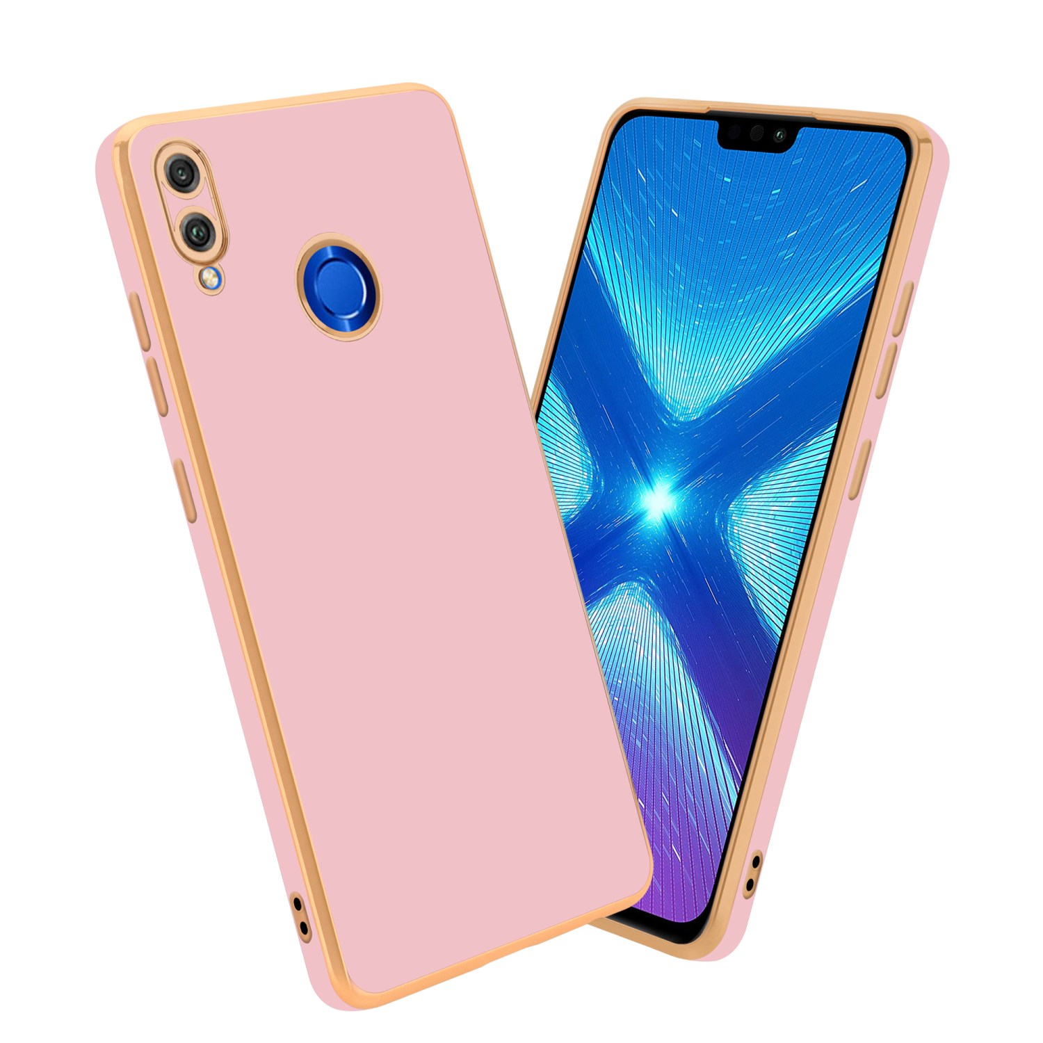 Rosa und goldene Handyhülle mit einem Telefon, das einen blauen Hintergrund zeigt. Hülle hat Kameraausschnitte.