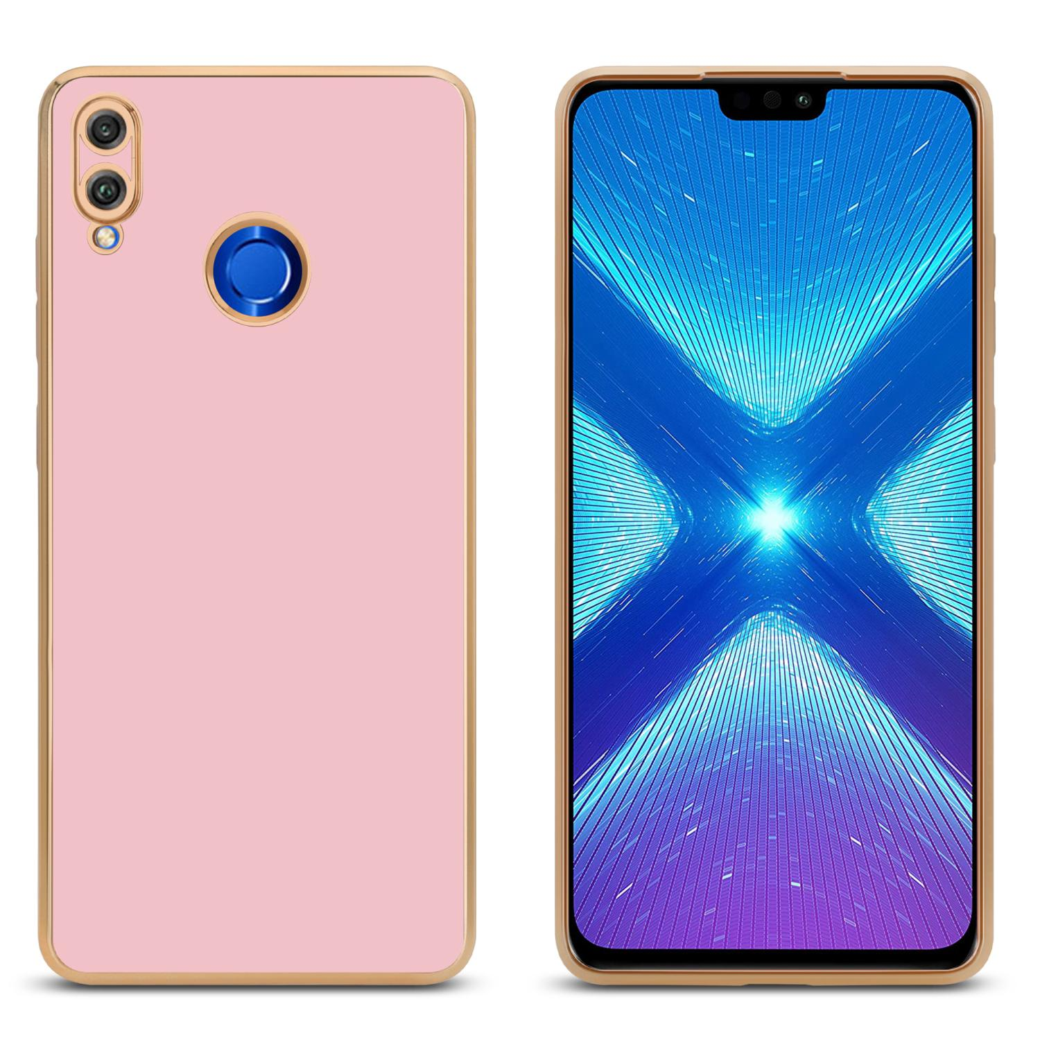 Rosa Handyhülle mit goldenem Rand und Telefon. Das Telefon zeigt seinen Bildschirm. Einfacher Hintergrund.