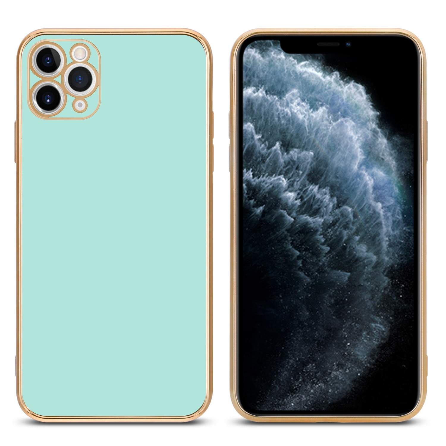 Zwei Smartphones, eines mit mintgrüner Rückseite und goldenem Rahmen, und eines mit schwarzem Bildschirm.