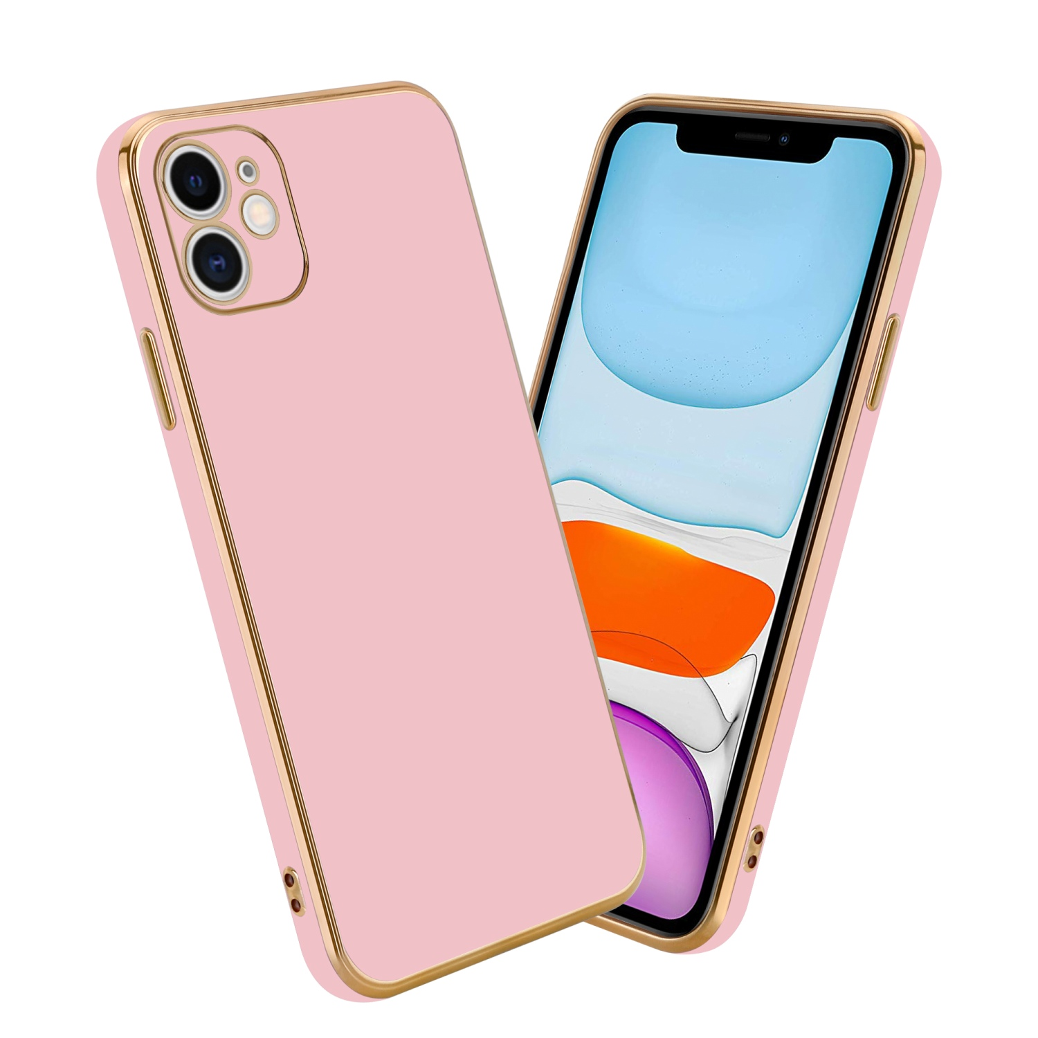 Rosa Handyhülle mit Goldbesatz, und ein anderes Telefon zeigt den Bildschirm.