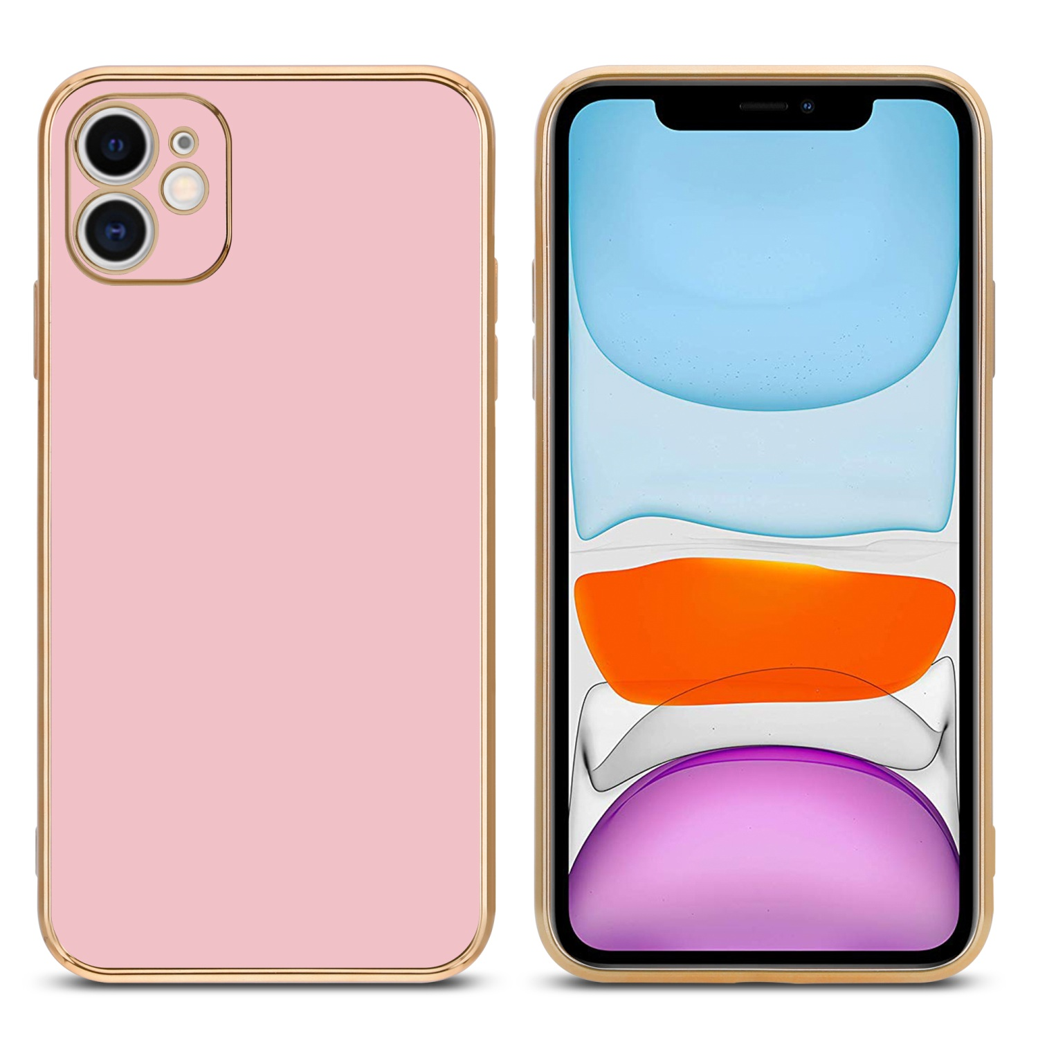 Zwei Telefone, eines mit pinkfarbener Hülle und Goldkanten, das andere mit farbenfrohem Bildschirm.