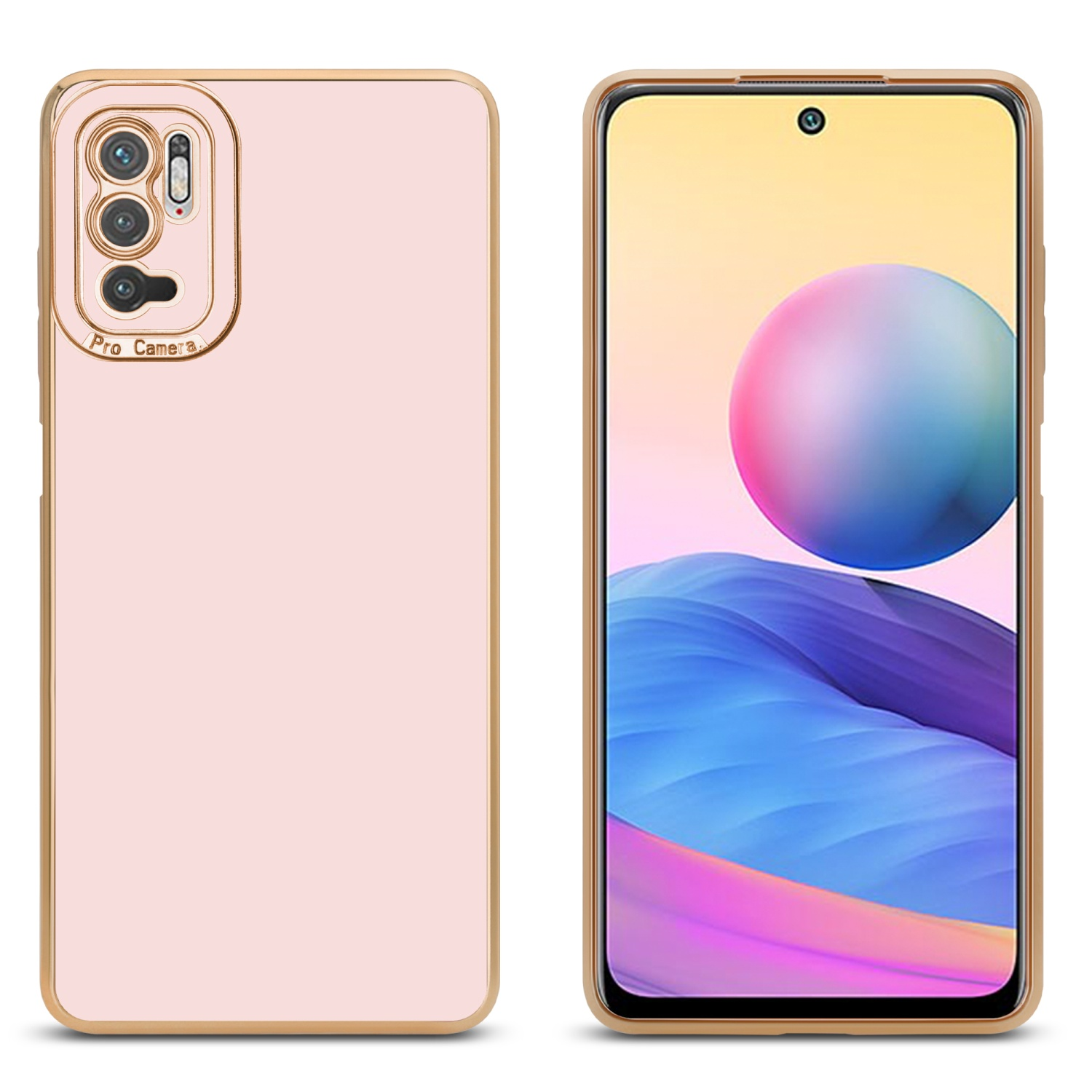 Zwei Telefone mit Goldrand, eines rosa mit Kamera, eines mit Startbildschirm.