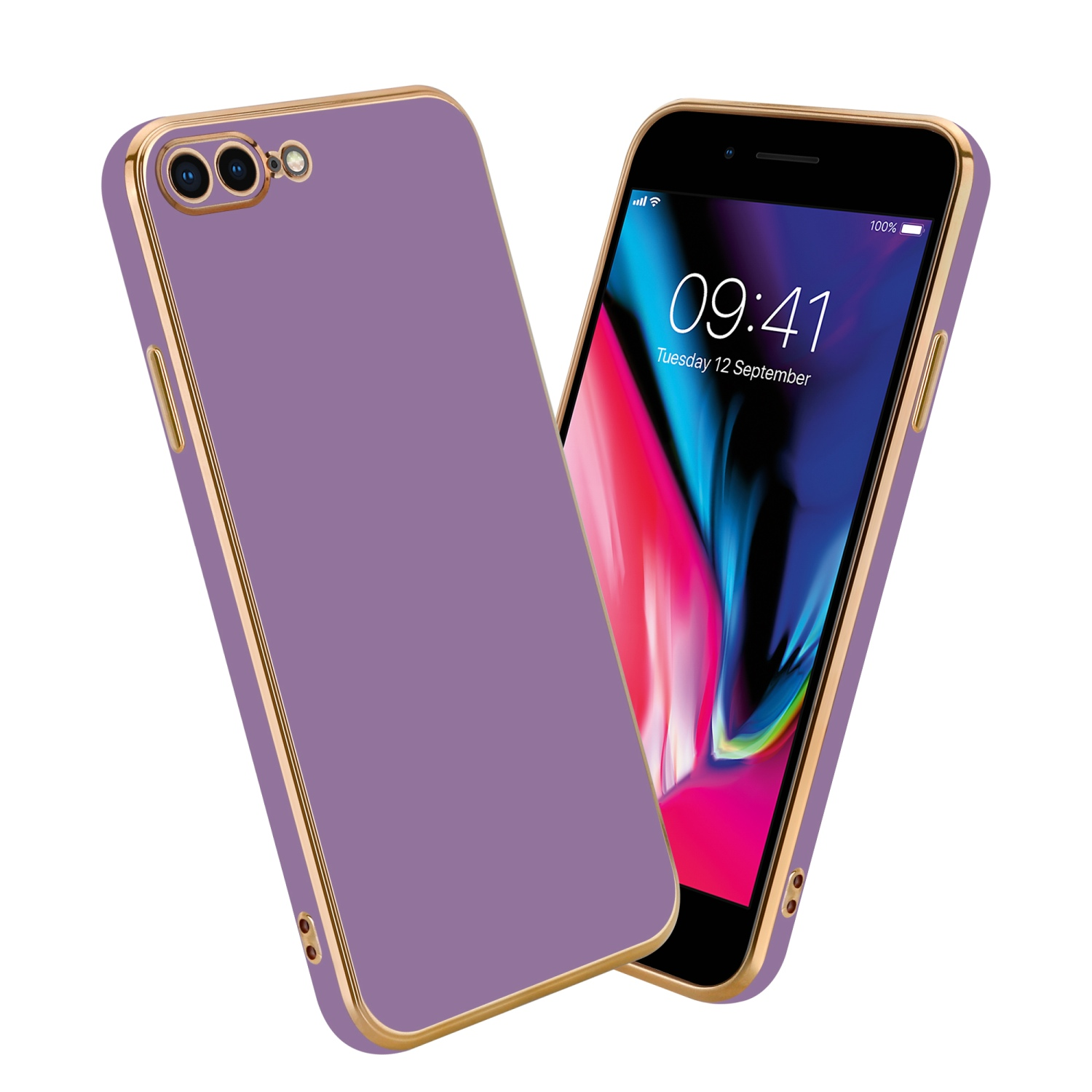 Violette und goldene Handyhülle mit einem Telefon. Das Telefon zeigt die Zeit und das Datum an.