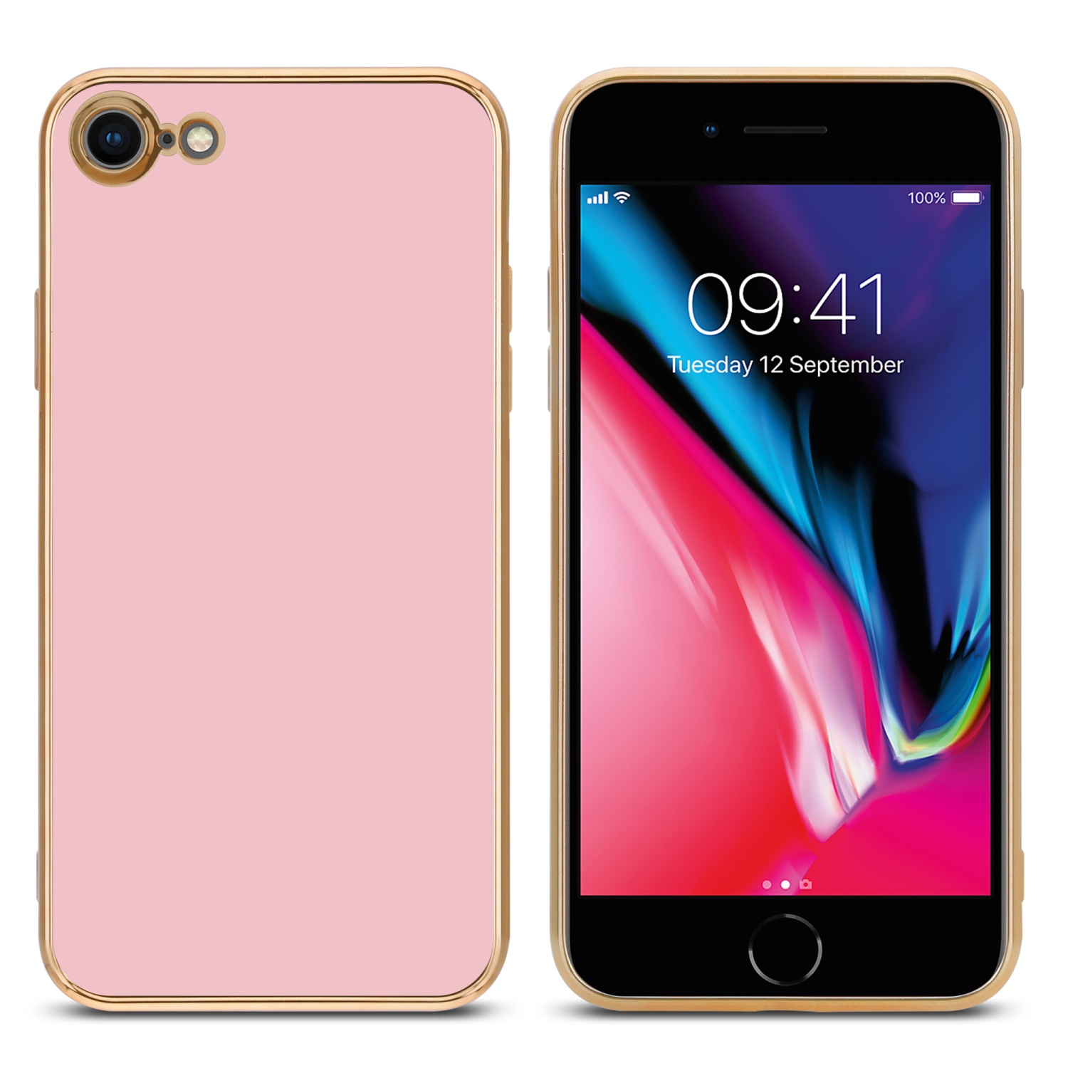Rosa Handyhülle mit einem Telefon, das den Bildschirm zeigt. Die Uhrzeit wird angezeigt.