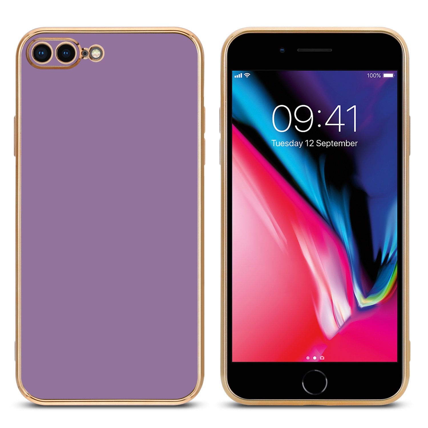 Zwei Ansichten eines Smartphones. Eine zeigt die Rückseite in Lila und Gold, die andere zeigt das Display an.