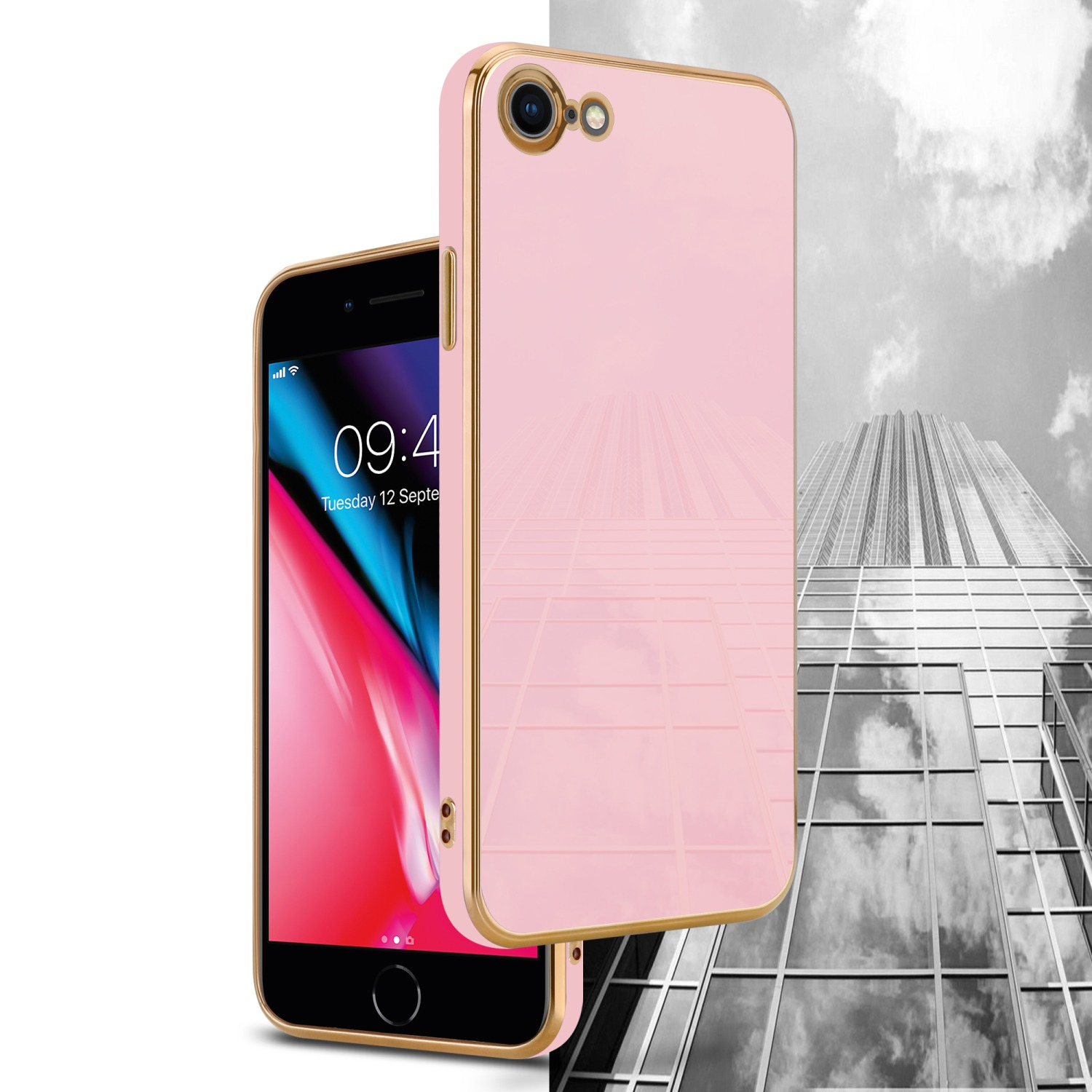 / iPhone 8 / Backcover, Glossy Handyhülle mit Rosa / 7 SE - Apple, 2020, CADORABO Kameraschutz, 7S Gold