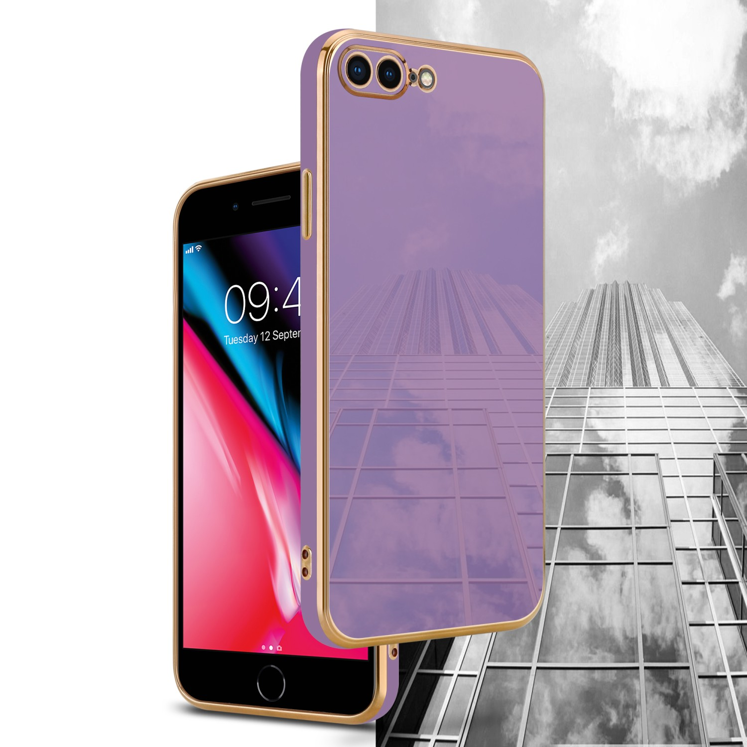 Ein Telefon in einer lila Hülle neben einem Gebäude. Die Hülle ist reflektierend und hat einen goldenen Rand.
