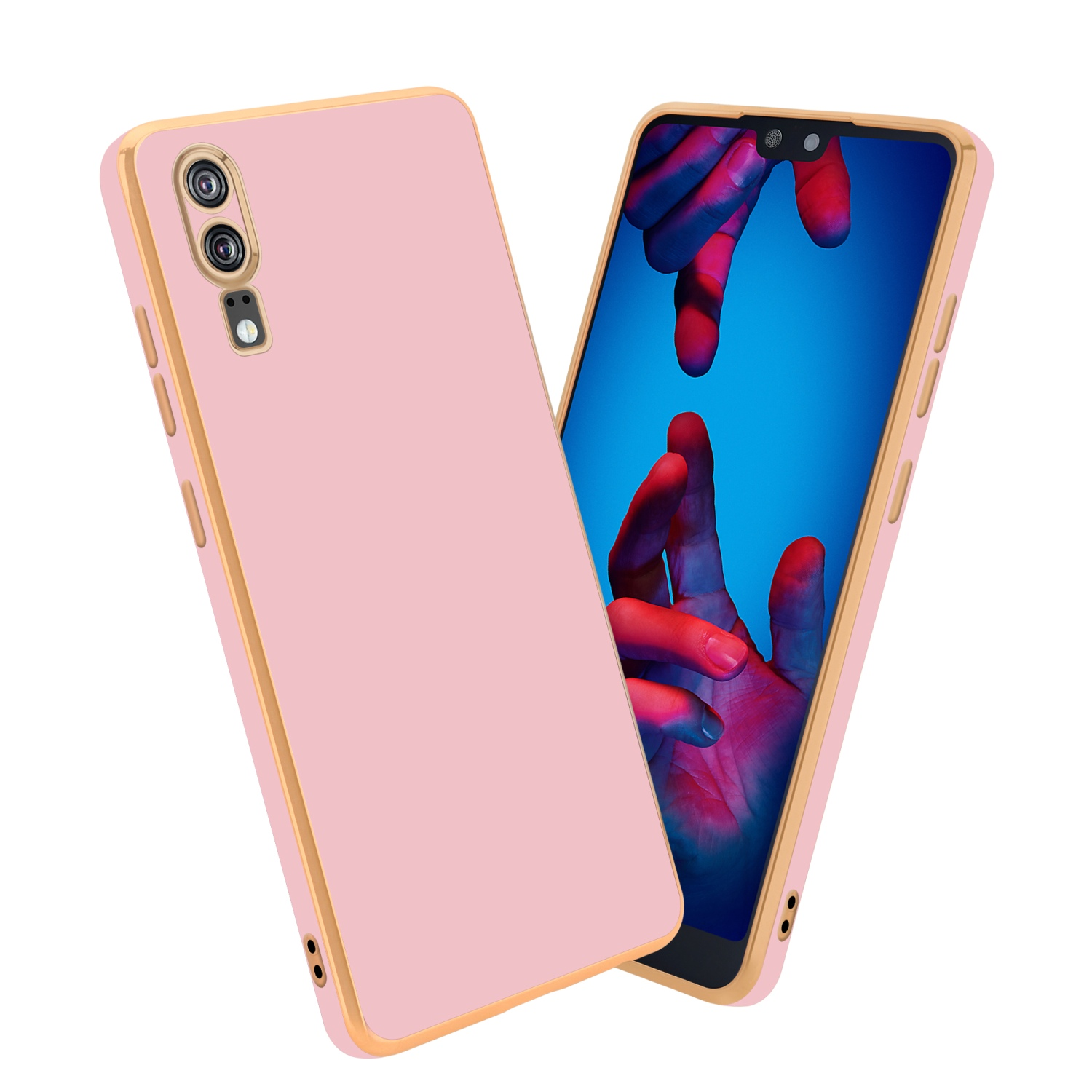Rosa und goldene Handyhülle mit einem Telefon. Das Telefon zeigt ein Bild von Händen.