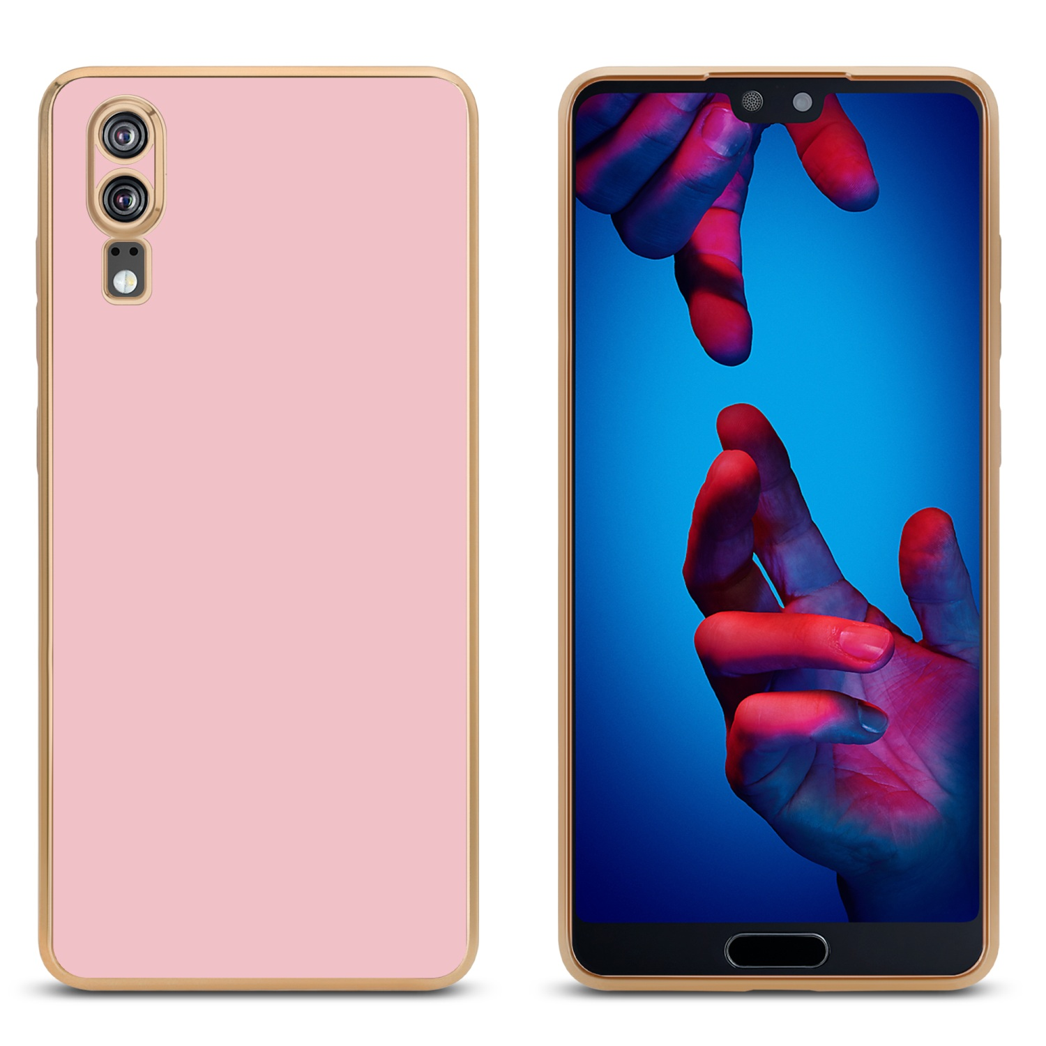 Zwei Telefone nebeneinander. Eines ist rosa. Das andere zeigt eine Hand, die den Bildschirm berührt.