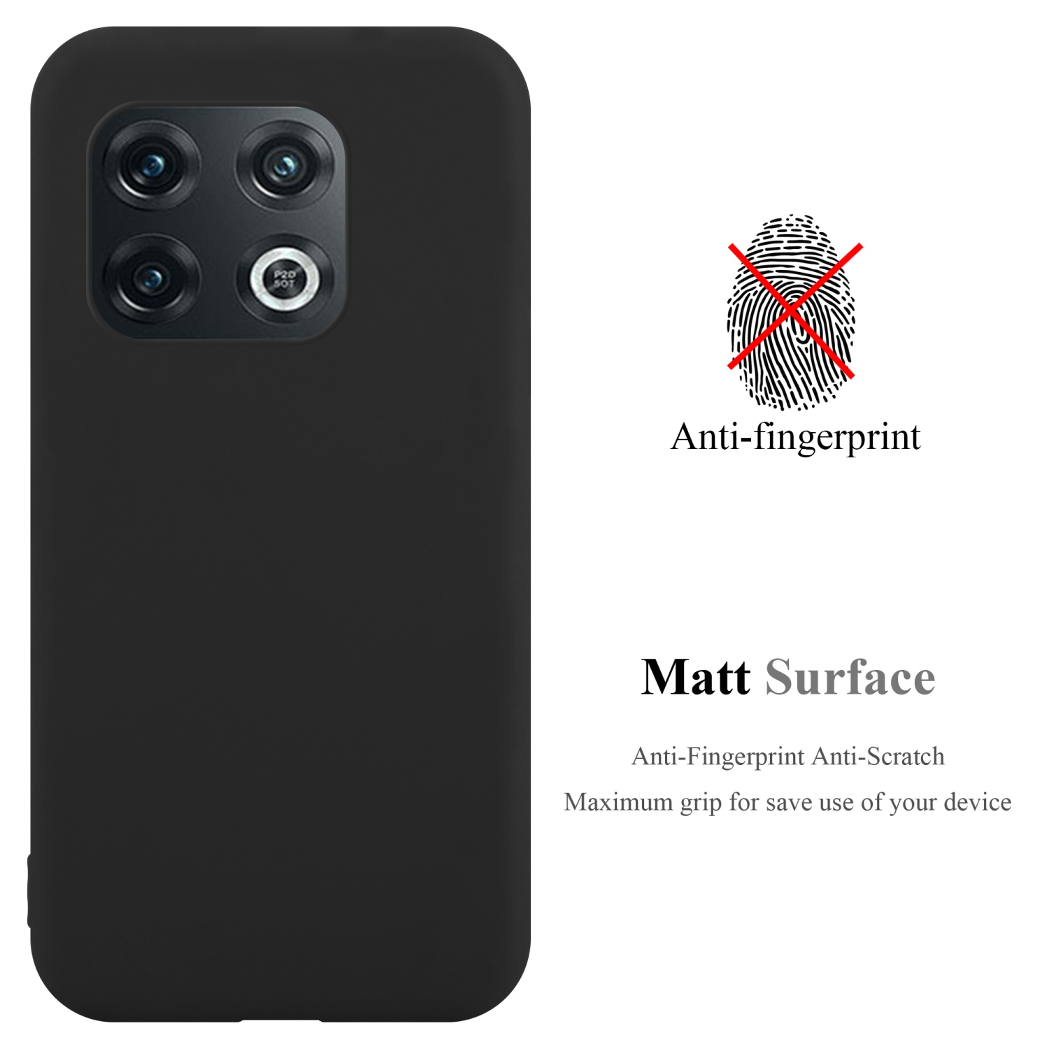 Schwarze Handyhülle mit matter Oberfläche, Kameraerhöhung mit 4 Linsen und Anti-Fingerabdruck-Text.