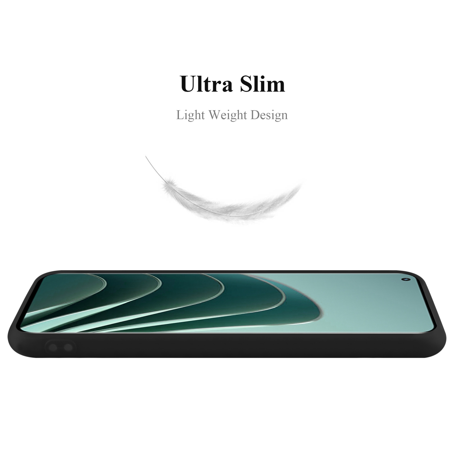 Schwarzes Telefon. Das Telefon liegt flach, mit dem Bildschirm nach oben.