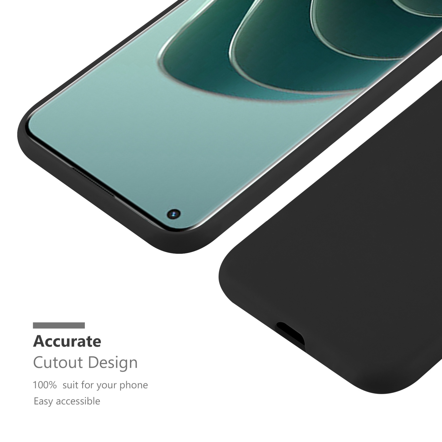 Schwarze Handyhülle und Telefon. Hintergrundtext 'Accurate cutout design'.