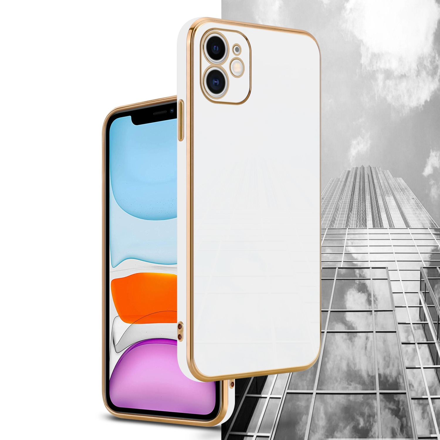 Apple, 11, - Weiß Gold Kameraschutz, CADORABO Handyhülle mit Glossy Backcover, iPhone