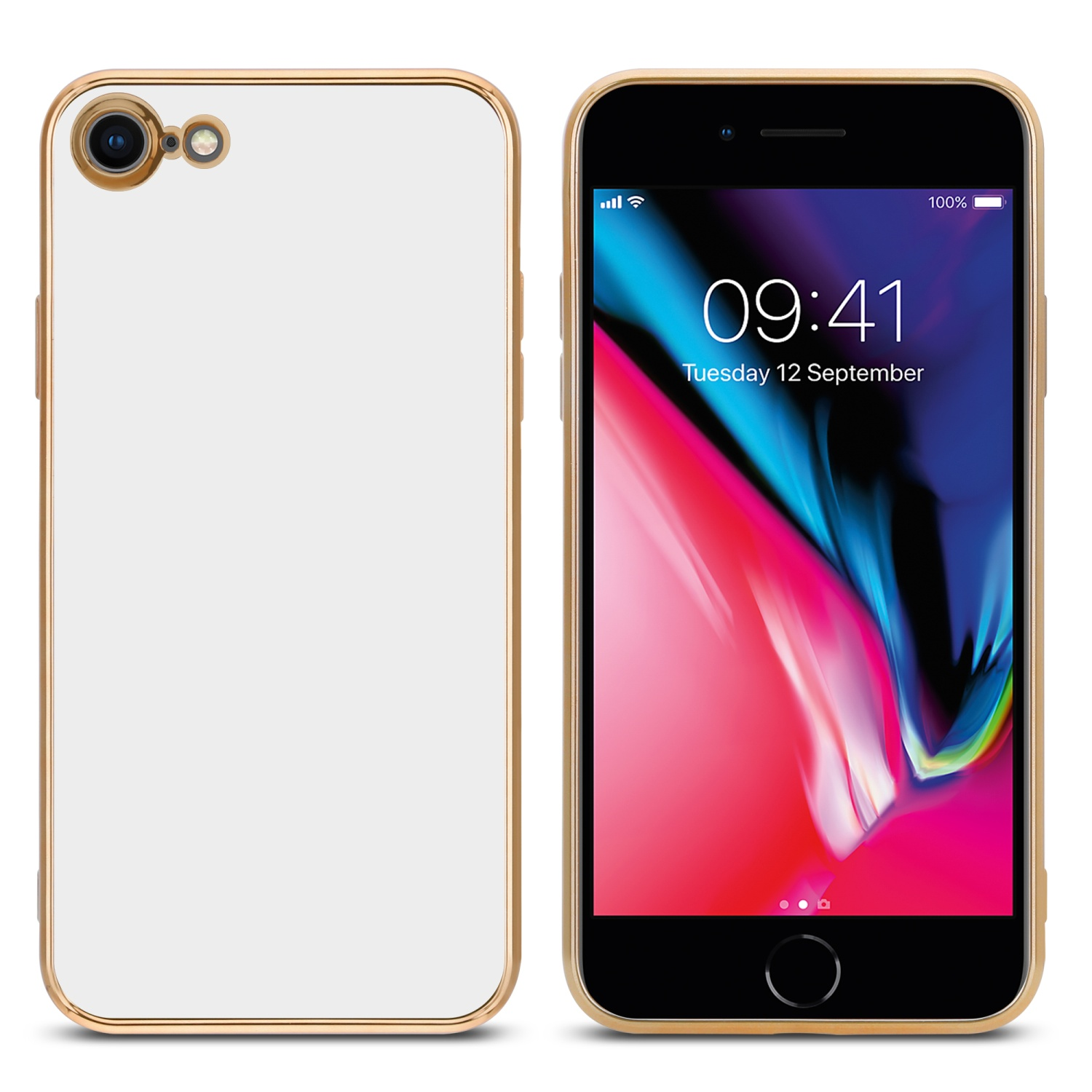 Zwei Telefone, links weiß, rechts farbiges Bild. Goldener Rahmen.
