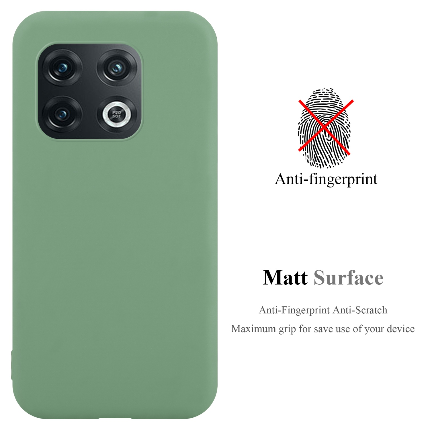 Grüne Handyhülle mit Text. Hintergrund mit Text: Anti-Fingerabdruck, Matt Oberfläche.