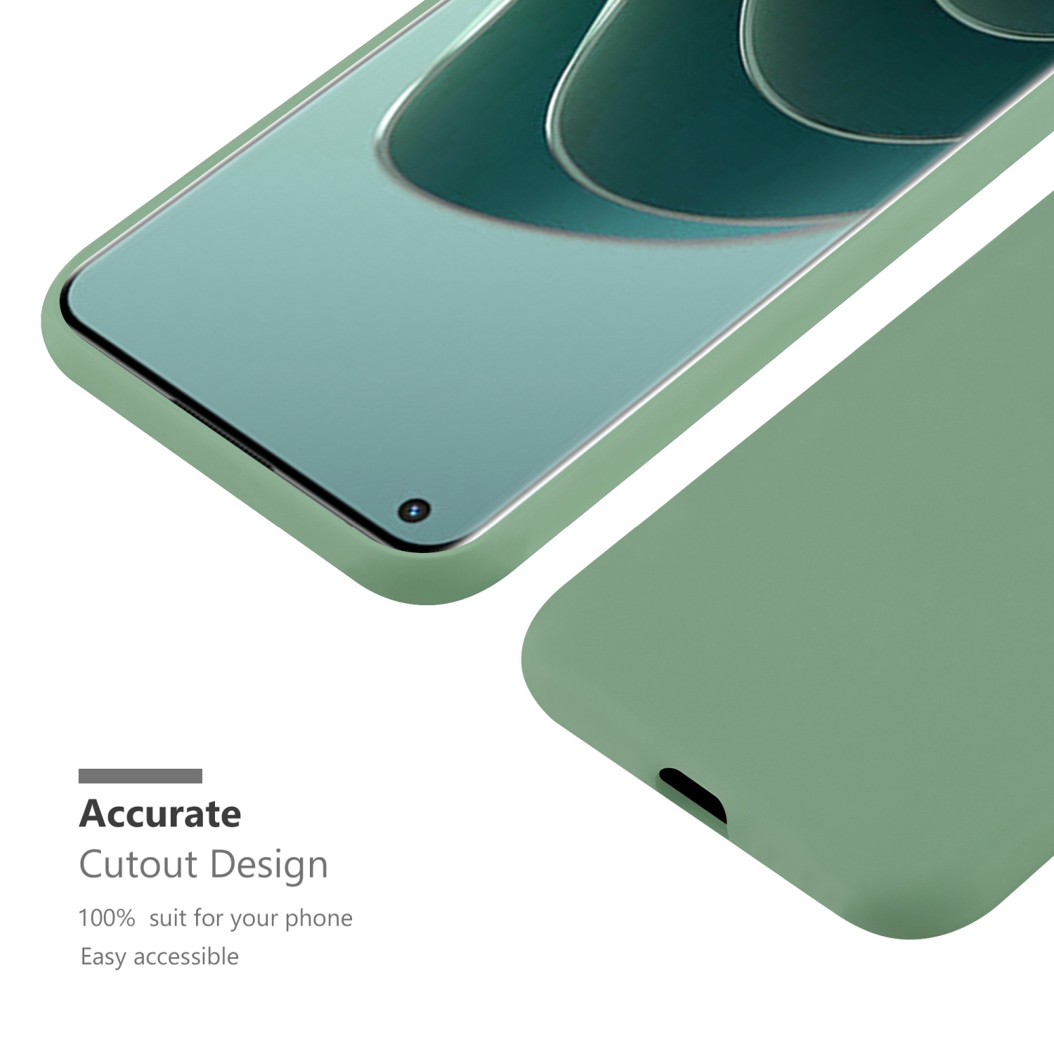 Zwei Handyhüllen, eine mit Bildschirm, die andere einfarbig grün. Text: 'Accurate Cutout Design', '100% passend für Ihr Telefon'.