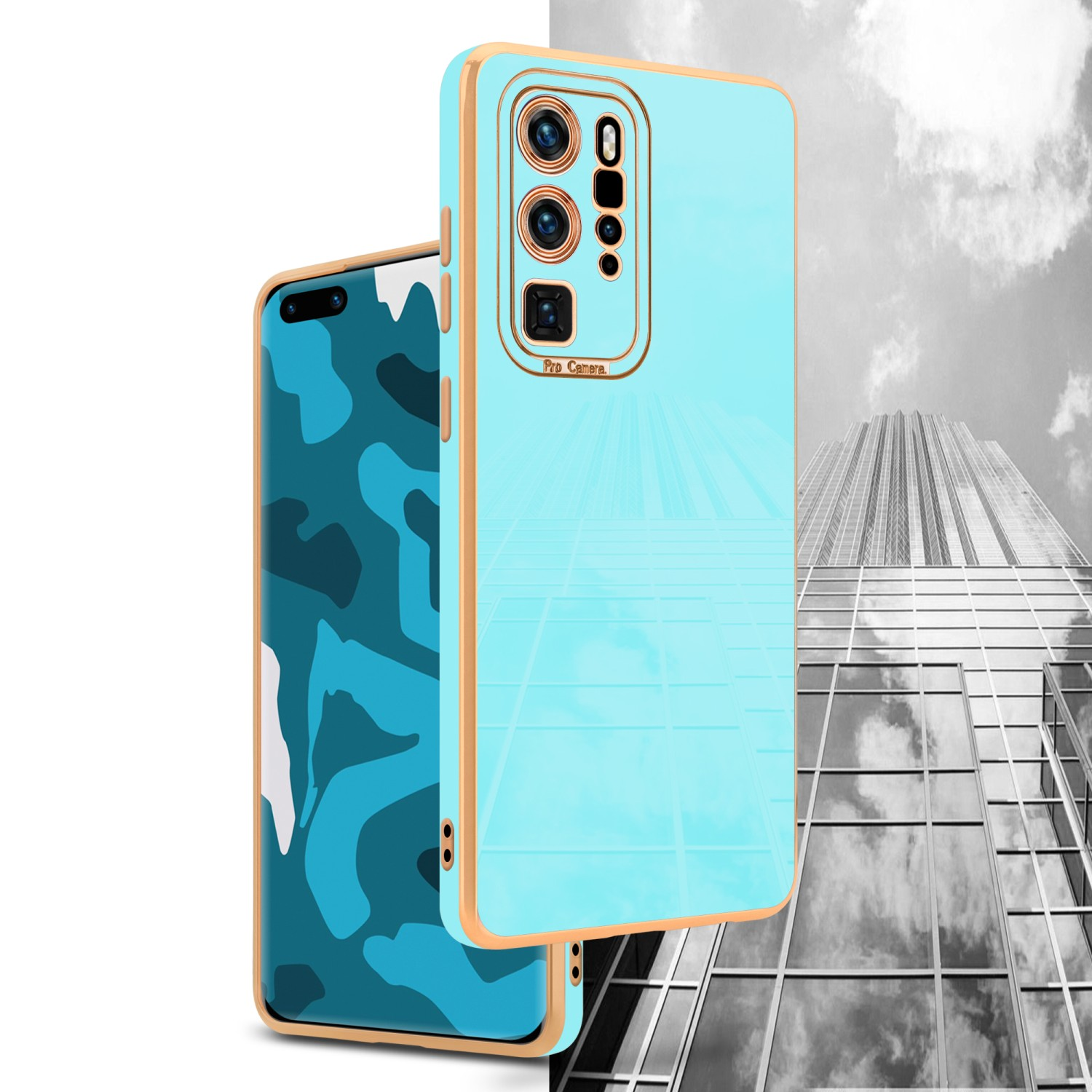 Zwei Handyhüllen: blau mit goldenem Rand und Camo-Design; blaue Handyhülle mit goldenem Rand, Gebäudegrund.