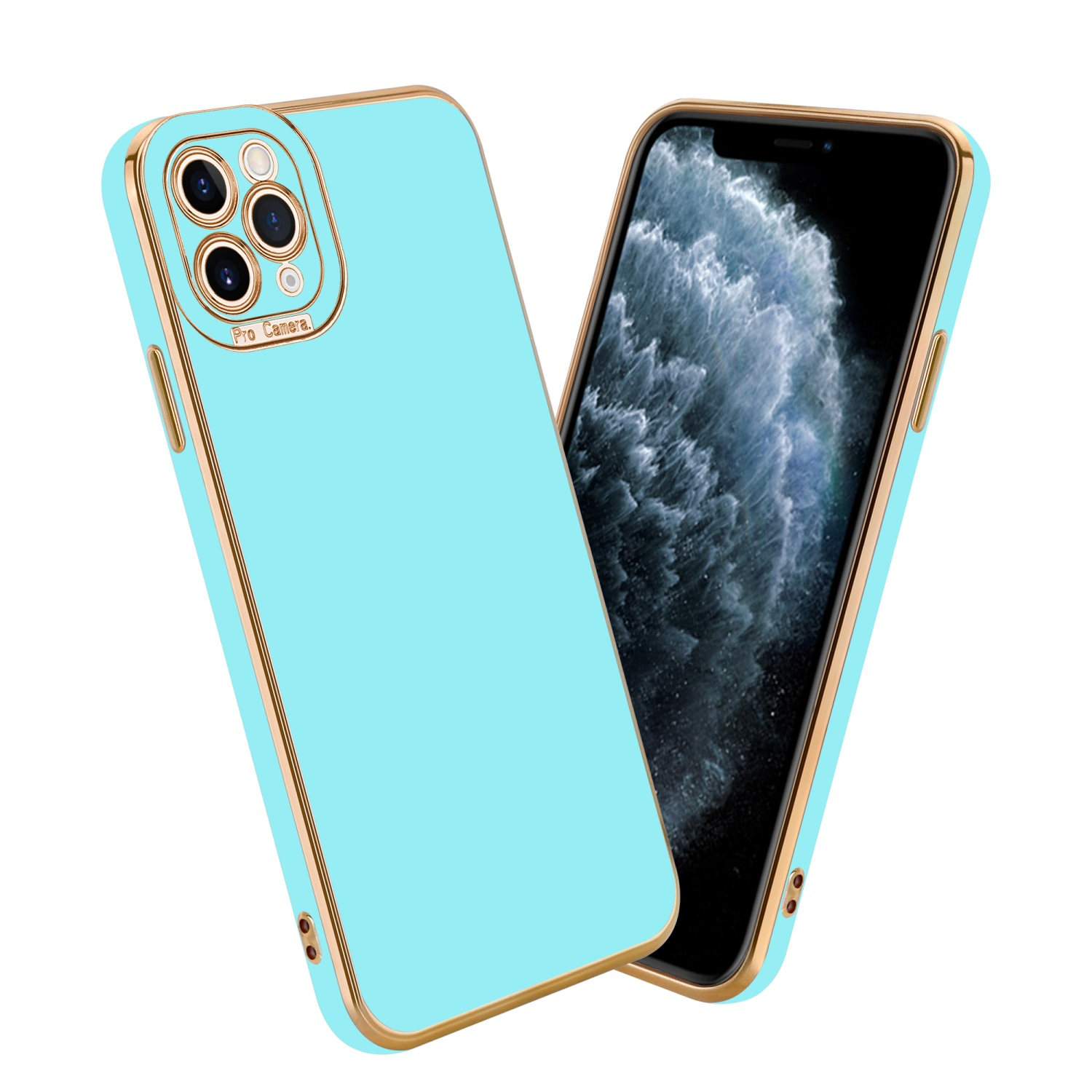 Blaue Handyhülle mit goldenem Rand, zeigt ein Handy mit blauer Rückseite.