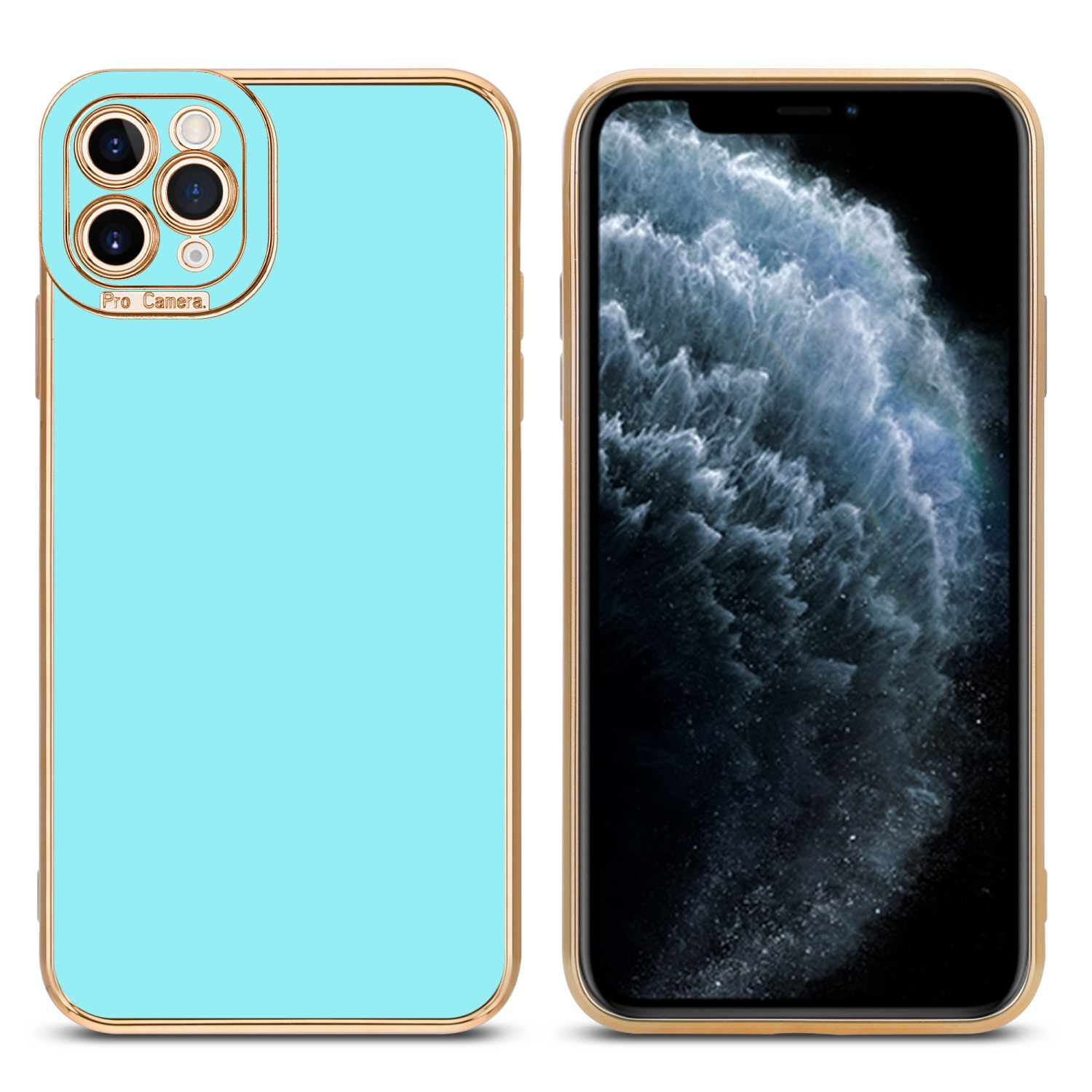 Zwei hellblaue Handyhüllen mit goldfarbenem Rand. Eines zeigt den Telefonbildschirm. Dunkler Hintergrund.
