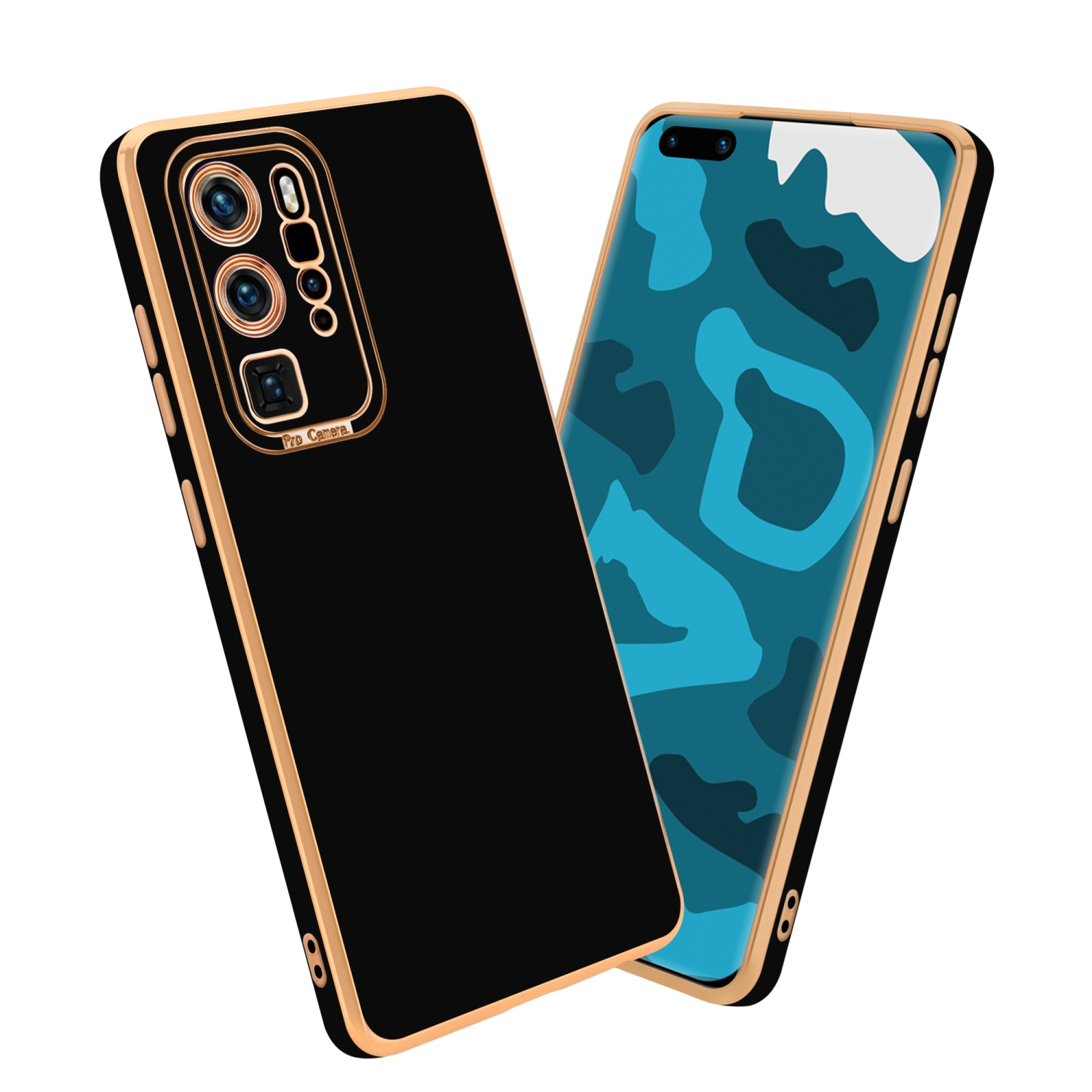 Eine schwarze Handyhülle mit goldfarbenem Rand und ein Telefon mit blauem Camo-Display.