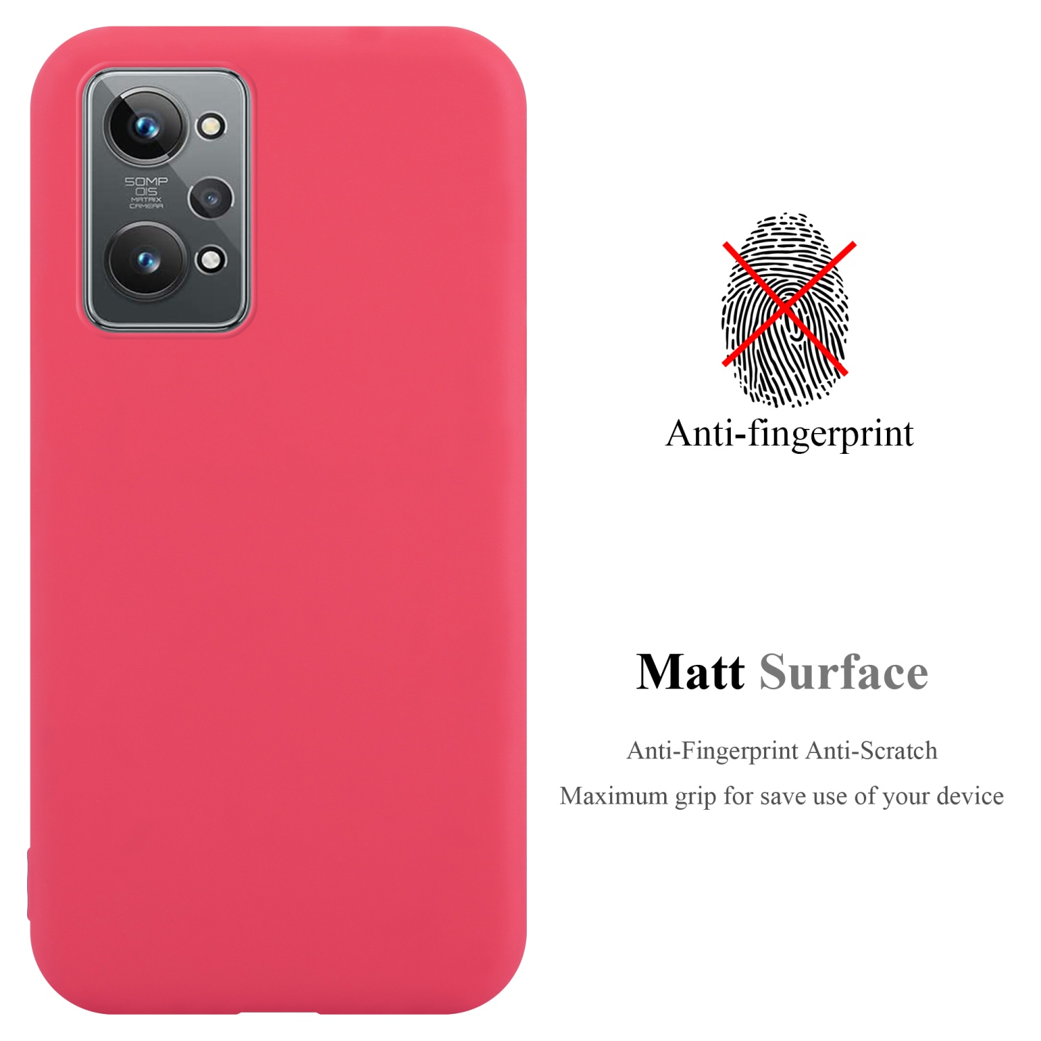 Rote Handyhülle. Text: Anti-Fingerprint Matt Surface. Ein Fingerabdruck mit Kreuz auf weißem Hintergrund.