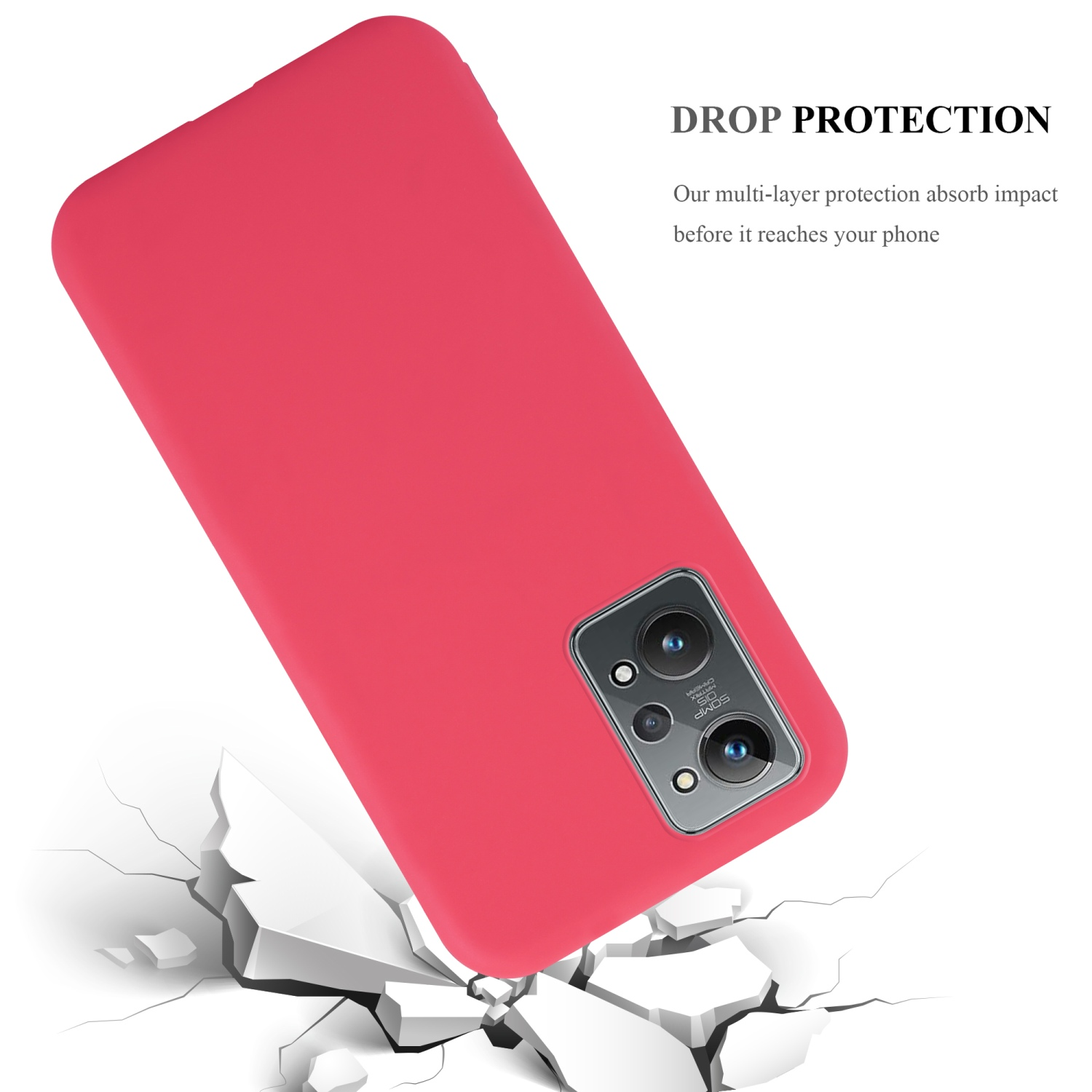 Rote Handyhülle, auf zerbrochenem Boden. Text sagt 'Drop Protection'.