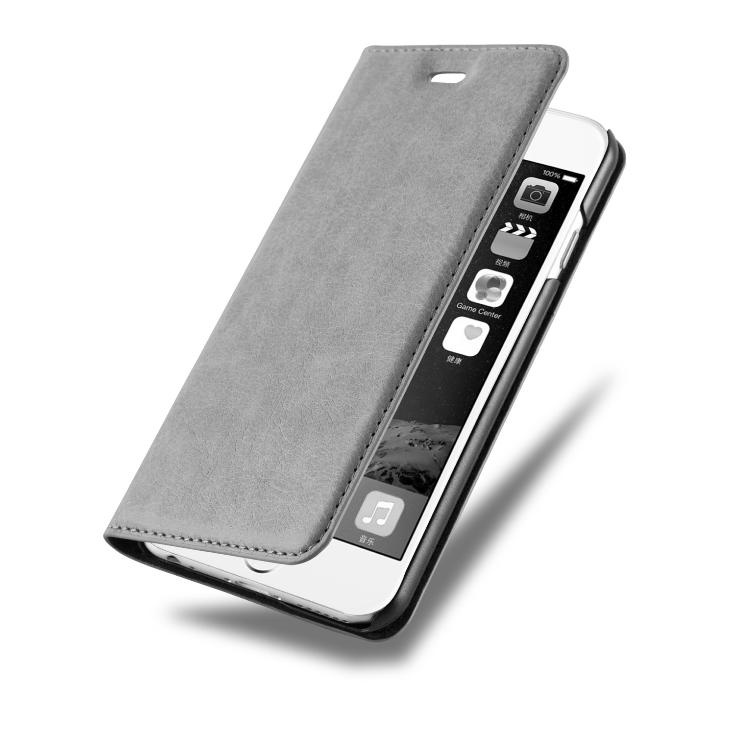 Eine graue Handyhülle mit einem Telefon darin, wobei ein Teil der Hülle geöffnet ist.