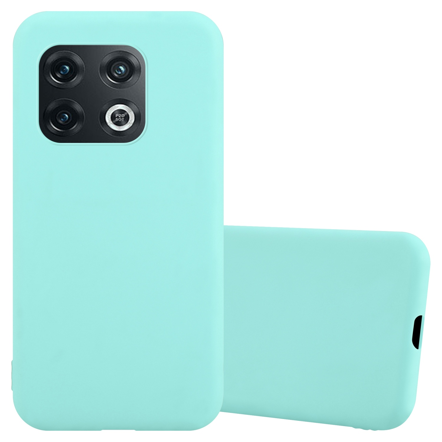 Eine mintgrüne Handyhülle und ein Handy. Die Hülle bedeckt die Rückseite, das Handy ist mit Kamera sichtbar.