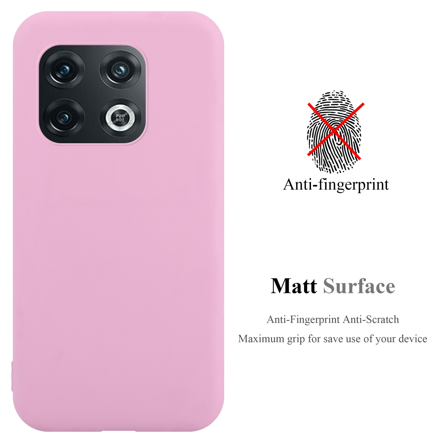 Rosa Handyhülle mit Kameraausbuchtung, mit Anti-Fingerabdruck-Text und Details.